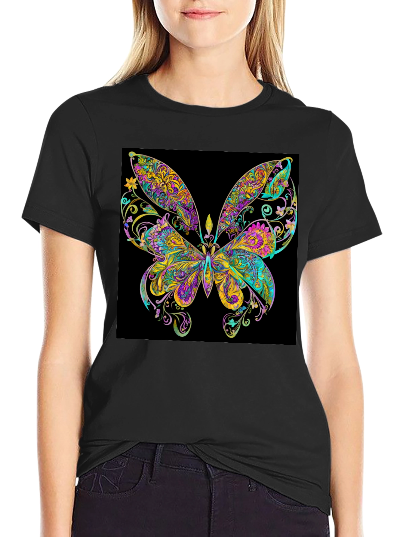 Psychedelic Butterfly Graphic Black T-Shirt