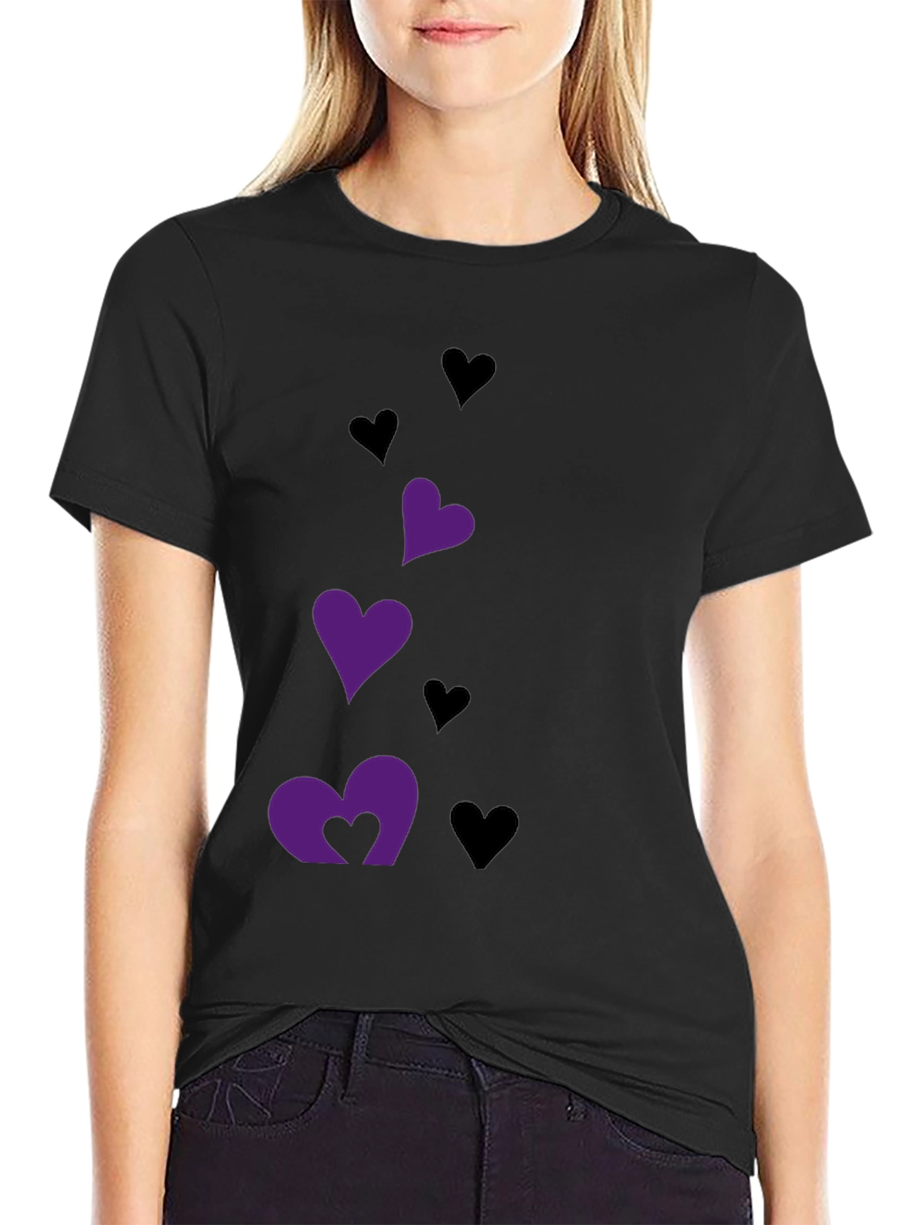 Black T-Shirt with Heart Graphics