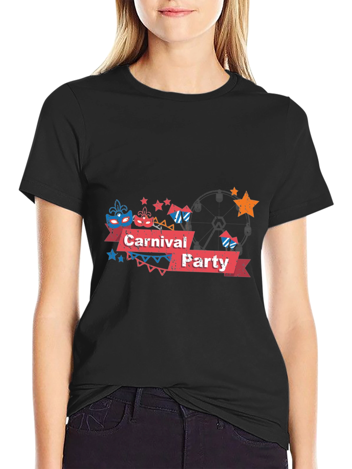 Carnival Party Graphic Tee - Black Cotton T-Shirt