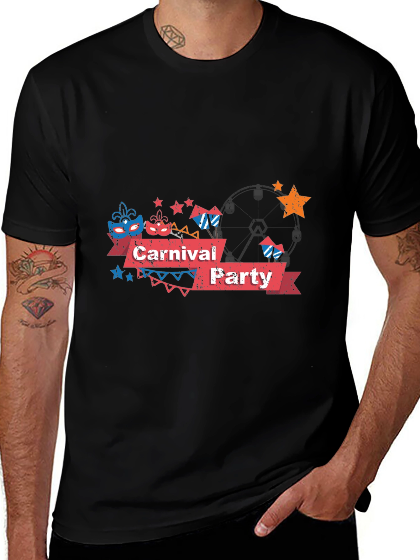 Carnival Party Graphic Tee - Black Cotton T-Shirt