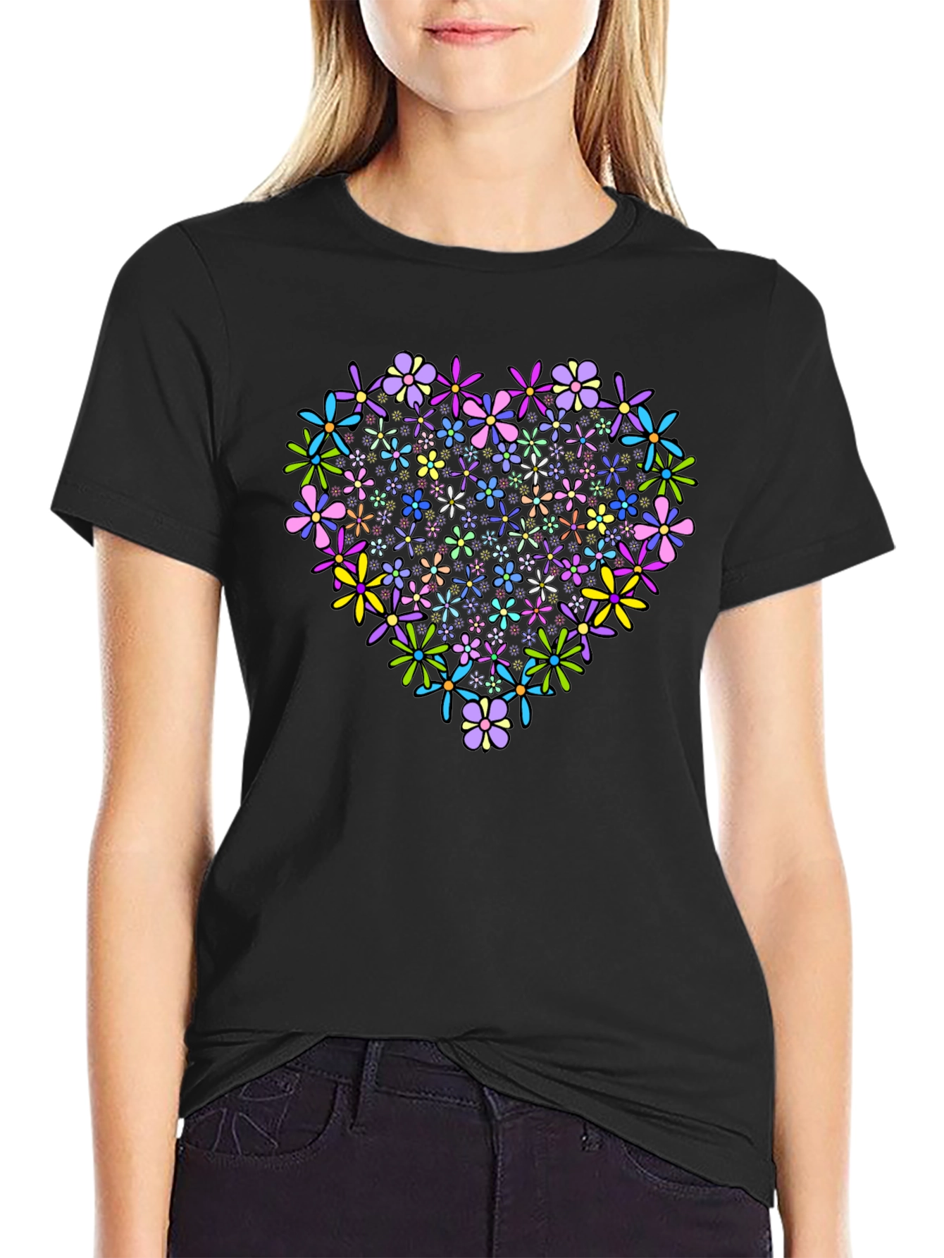 Floral Heart Graphic T-Shirt - Black Cotton Tee