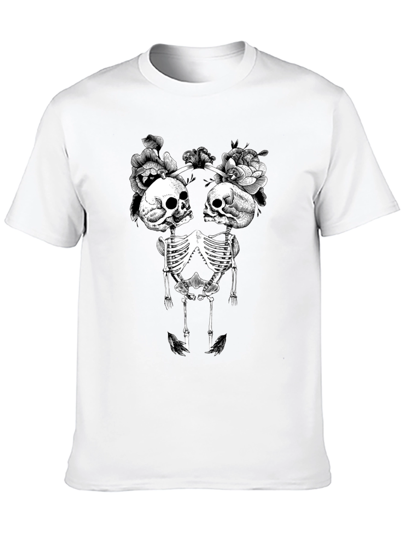 Floral Skull Skeleton Graphic Tee - Black