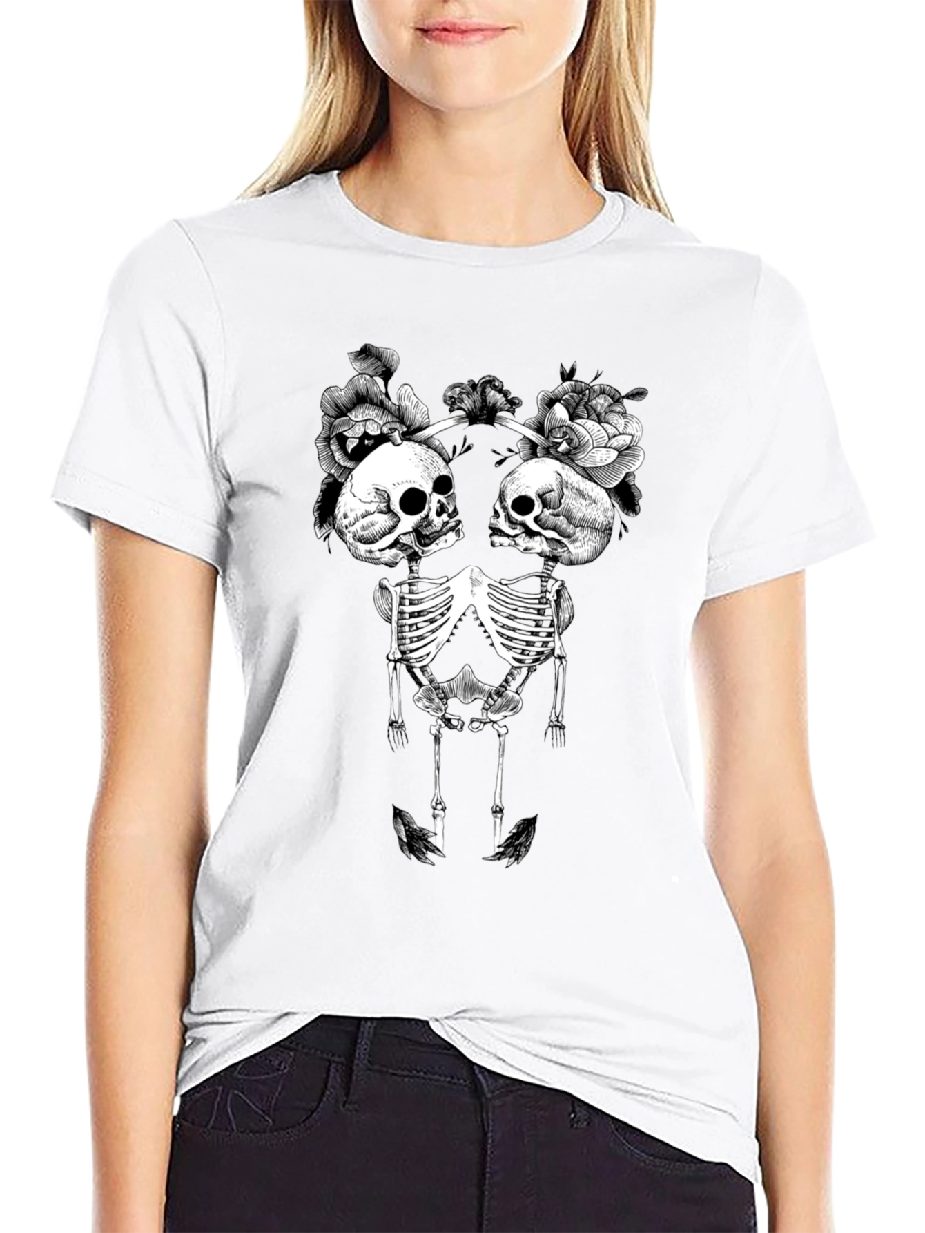 Floral Skull Skeleton Graphic Tee - Black