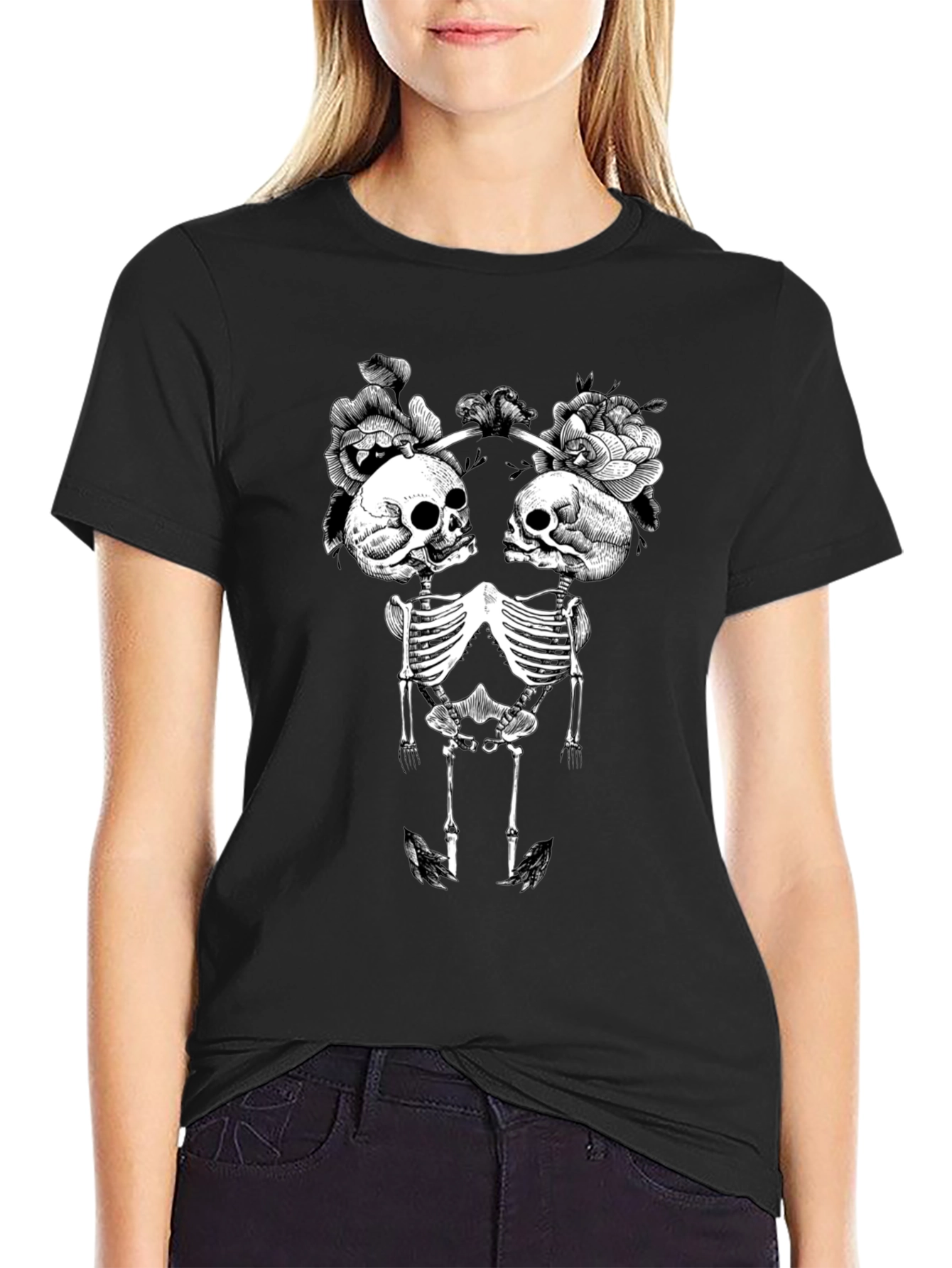 Floral Skull Skeleton Graphic Tee - Black