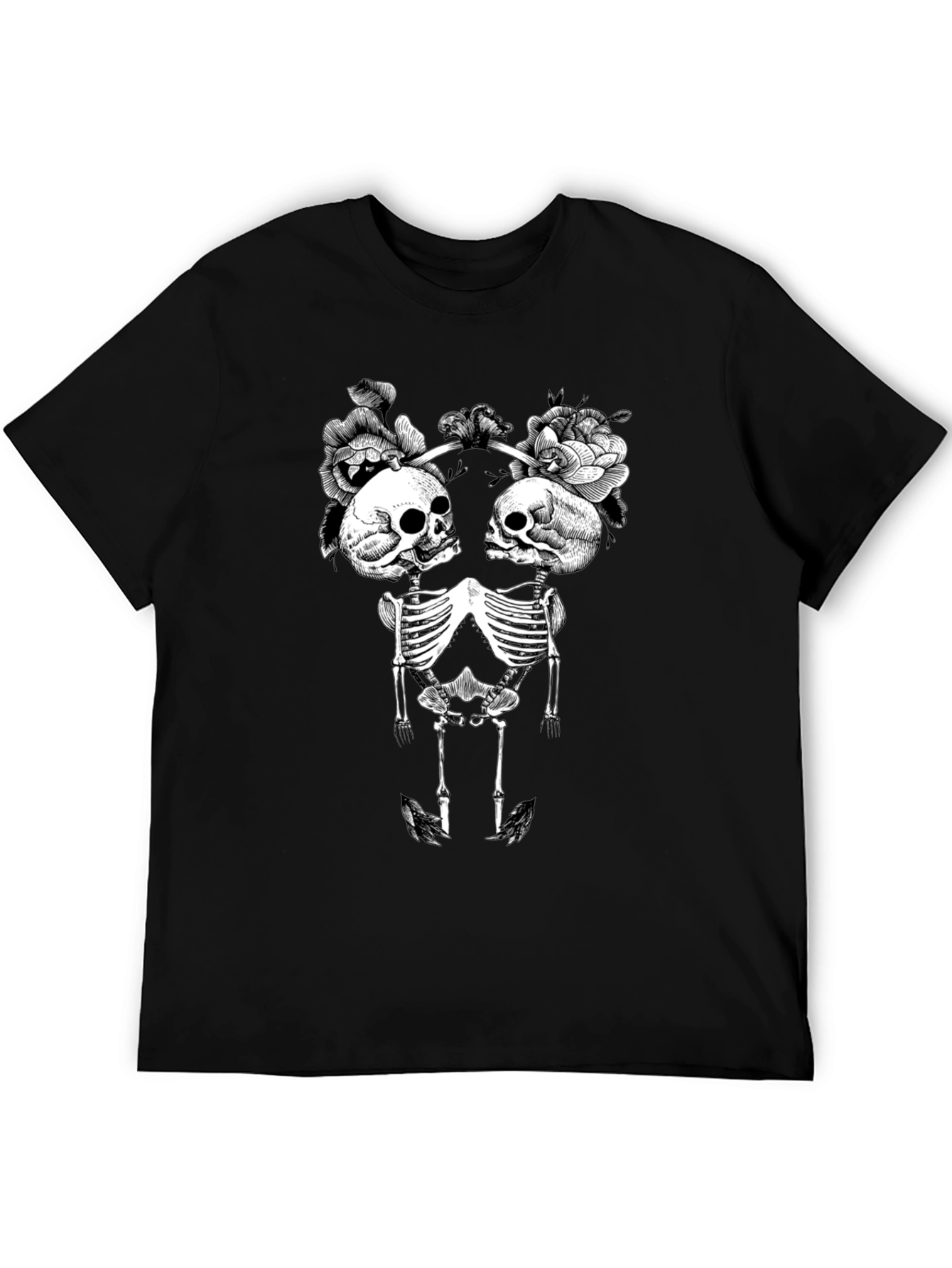 Floral Skull Skeleton Graphic Tee - Black