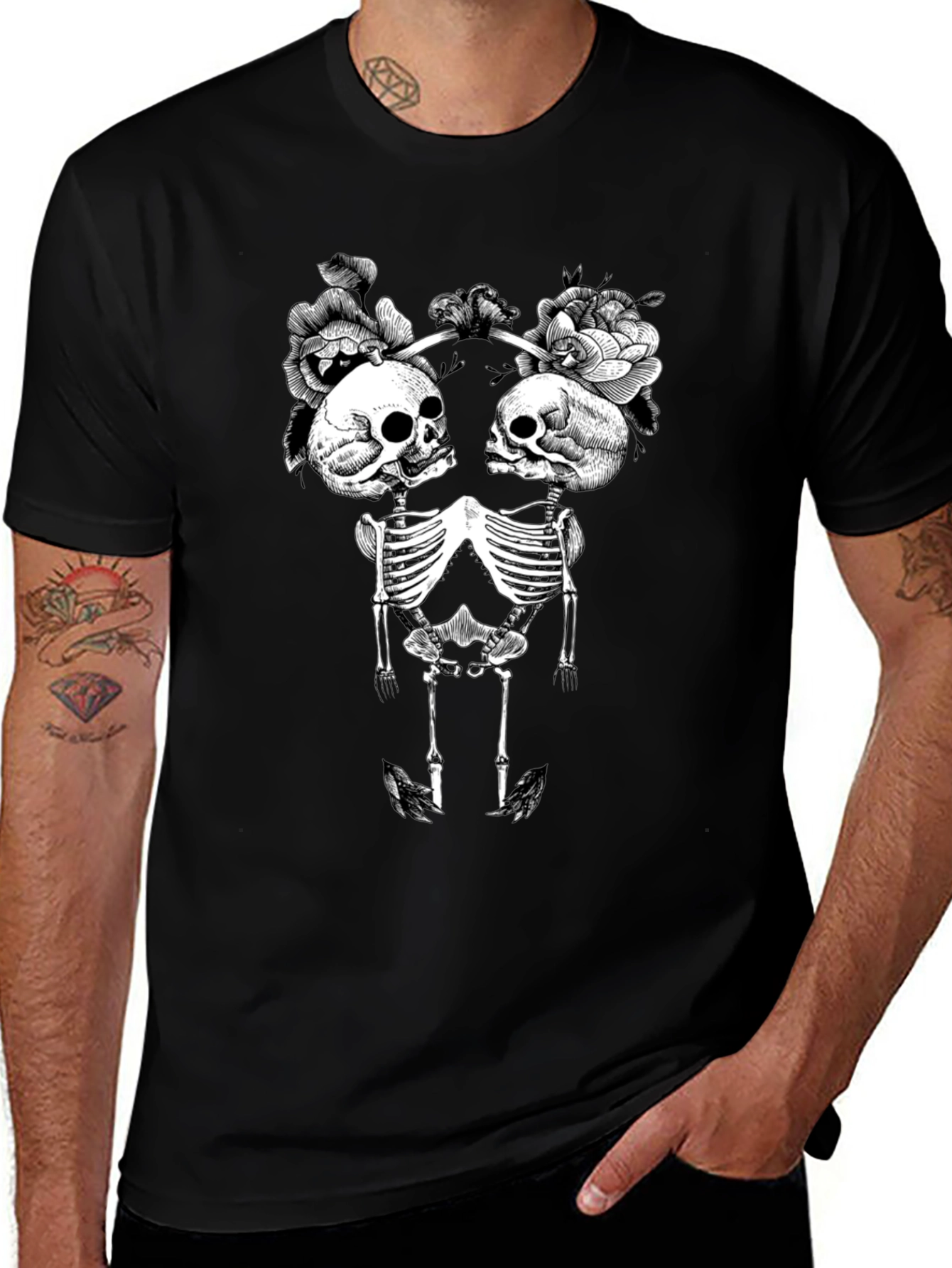 Floral Skull Skeleton Graphic Tee - Black