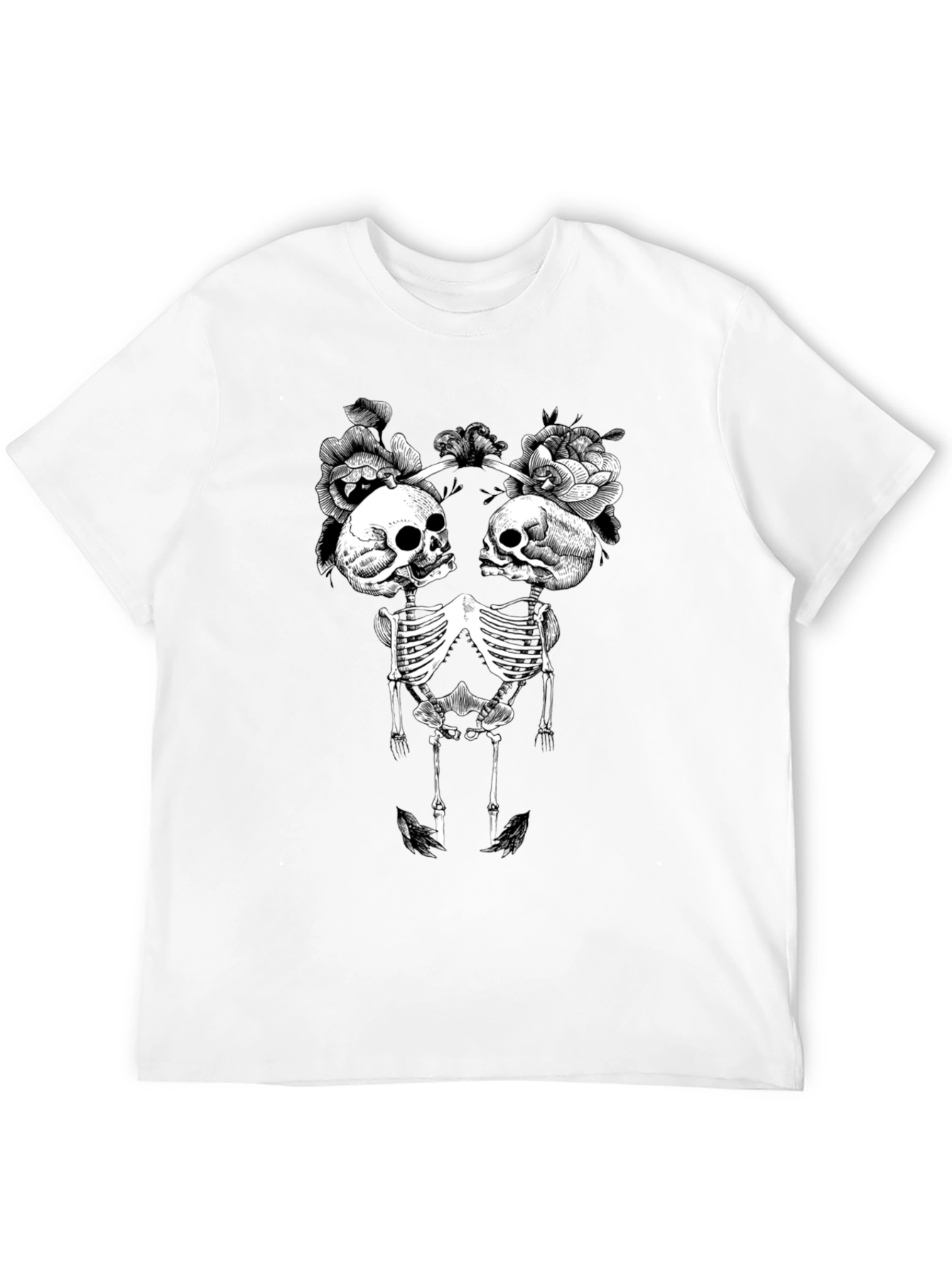 Floral Skull Skeleton Graphic Tee - Black