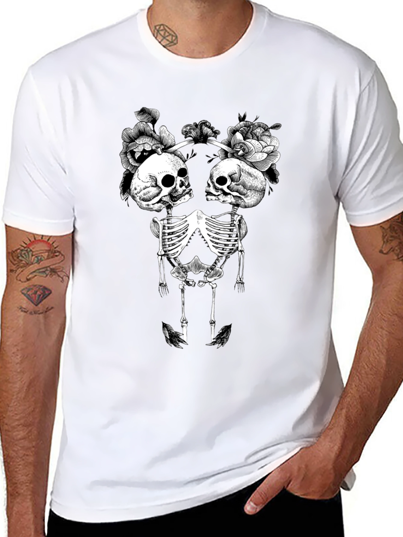Floral Skull Skeleton Graphic Tee - Black
