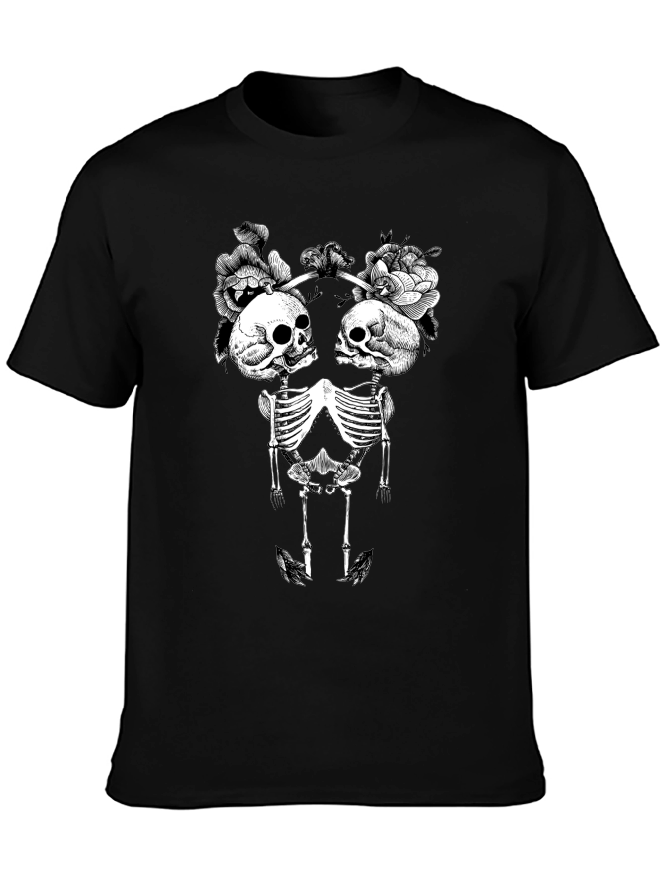 Floral Skull Skeleton Graphic Tee - Black