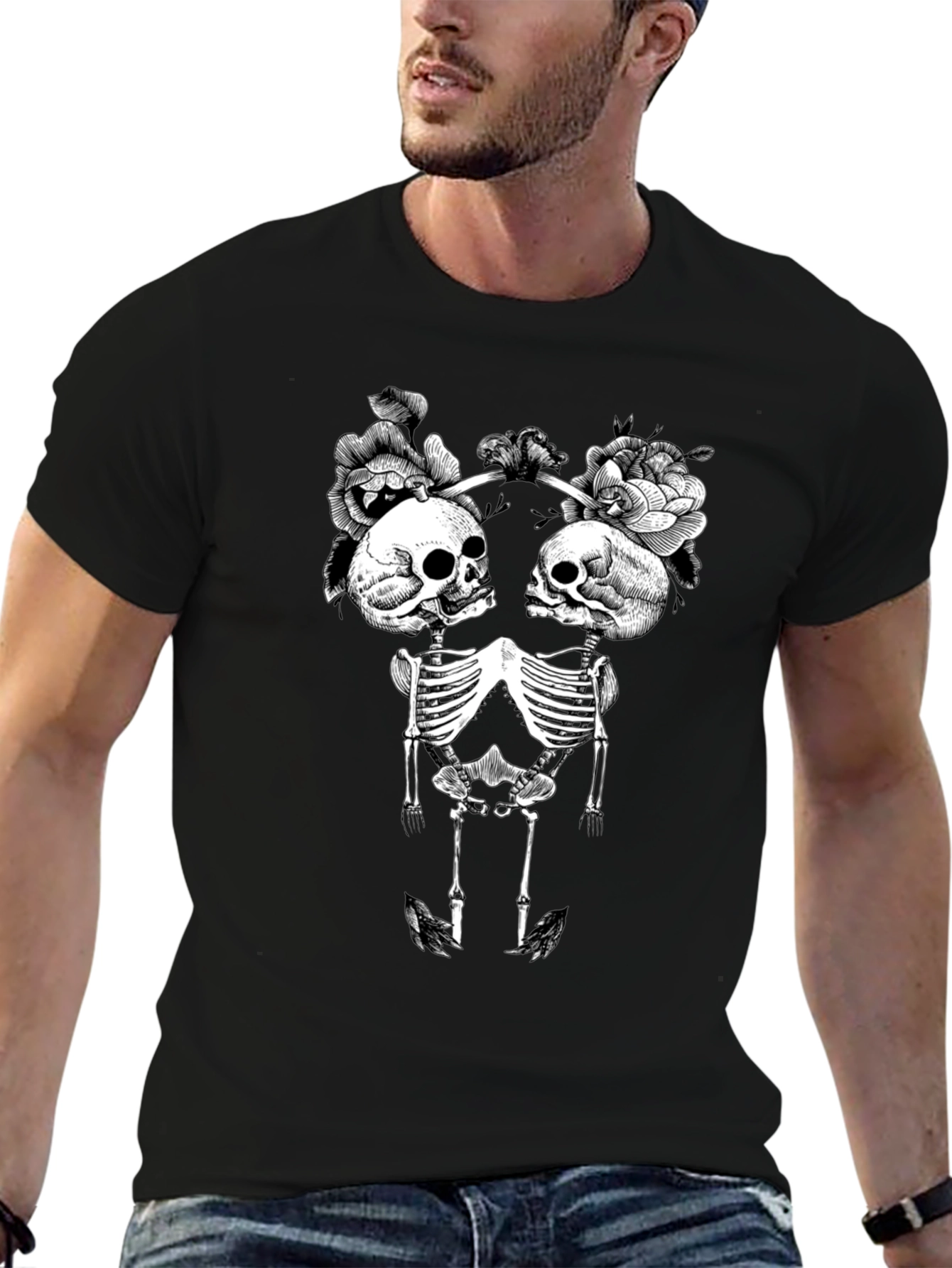 Floral Skull Skeleton Graphic Tee - Black