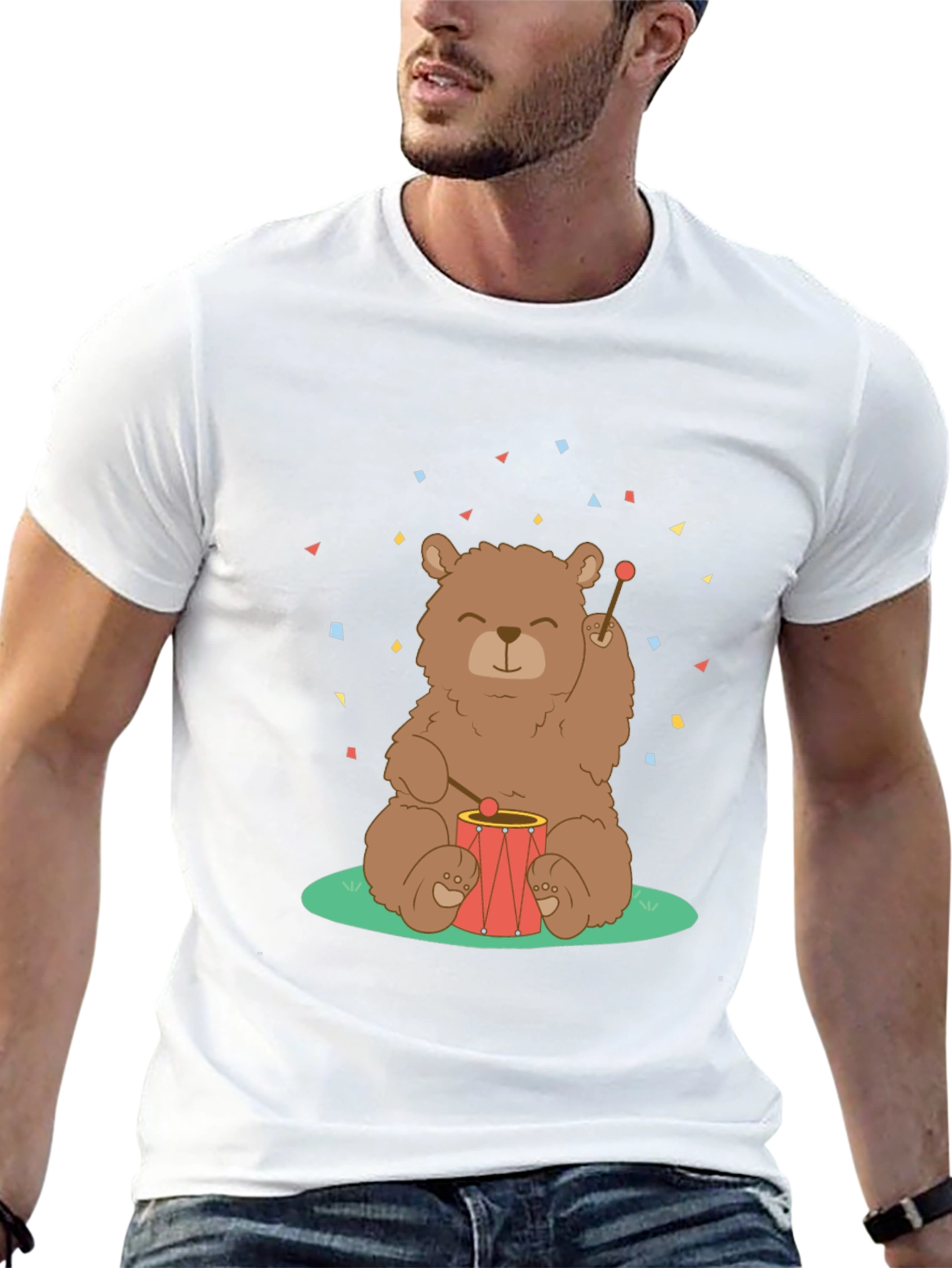 Bear Drummer Graphic T-Shirt - Black Cotton Tee