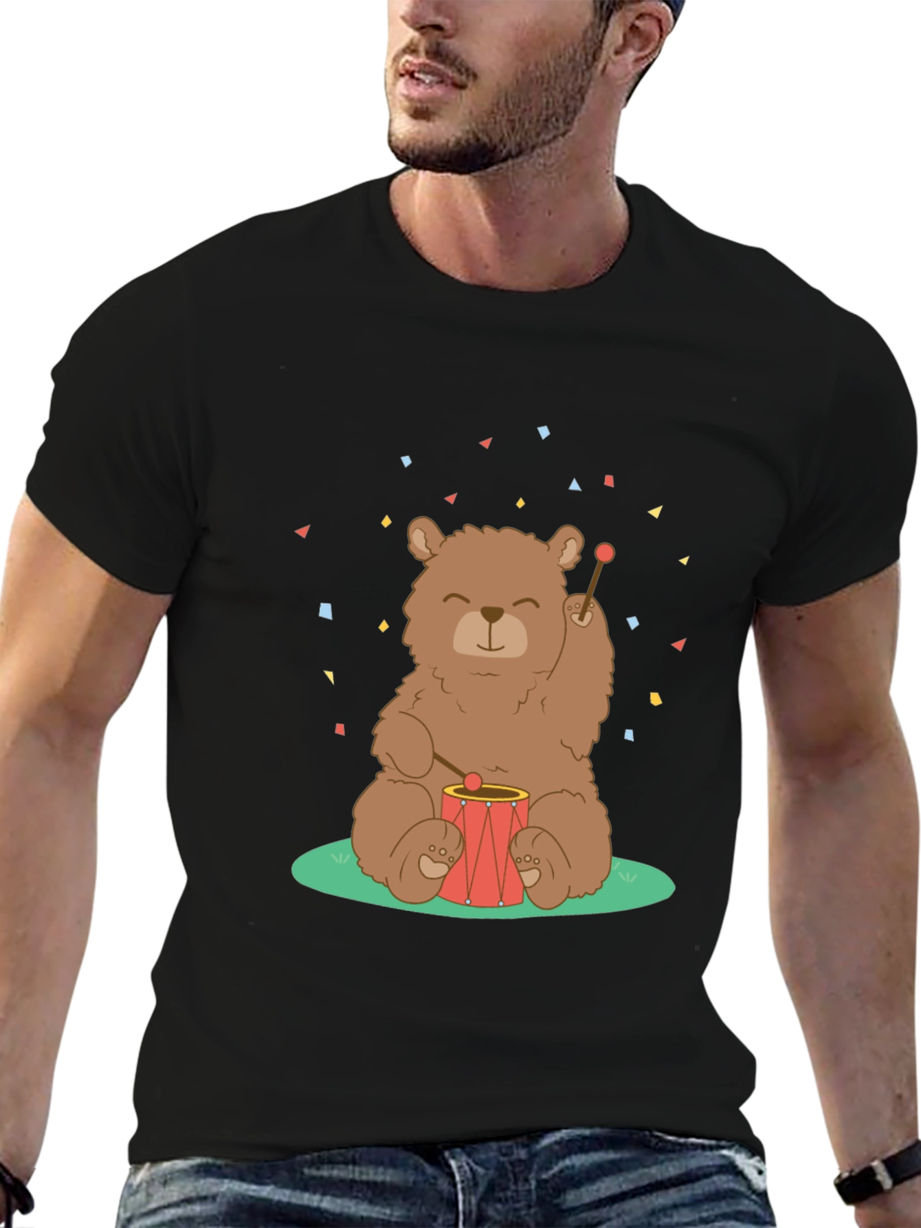 Bear Drummer Graphic T-Shirt - Black Cotton Tee