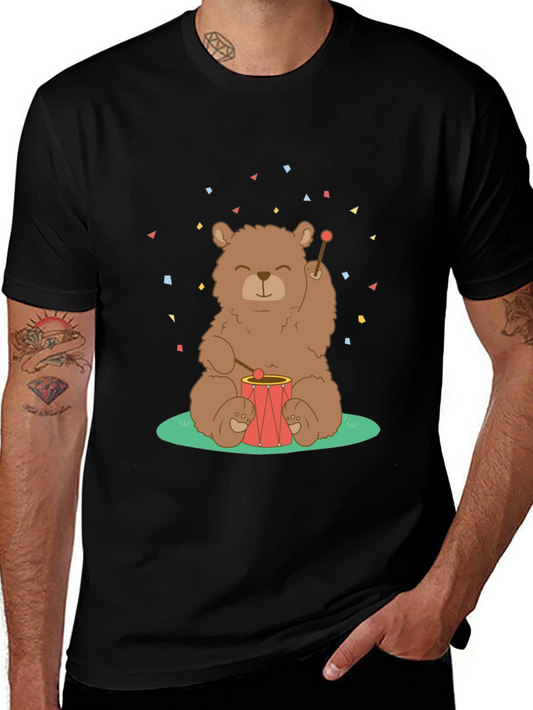 Bear Drummer Graphic T-Shirt - Black Cotton Tee