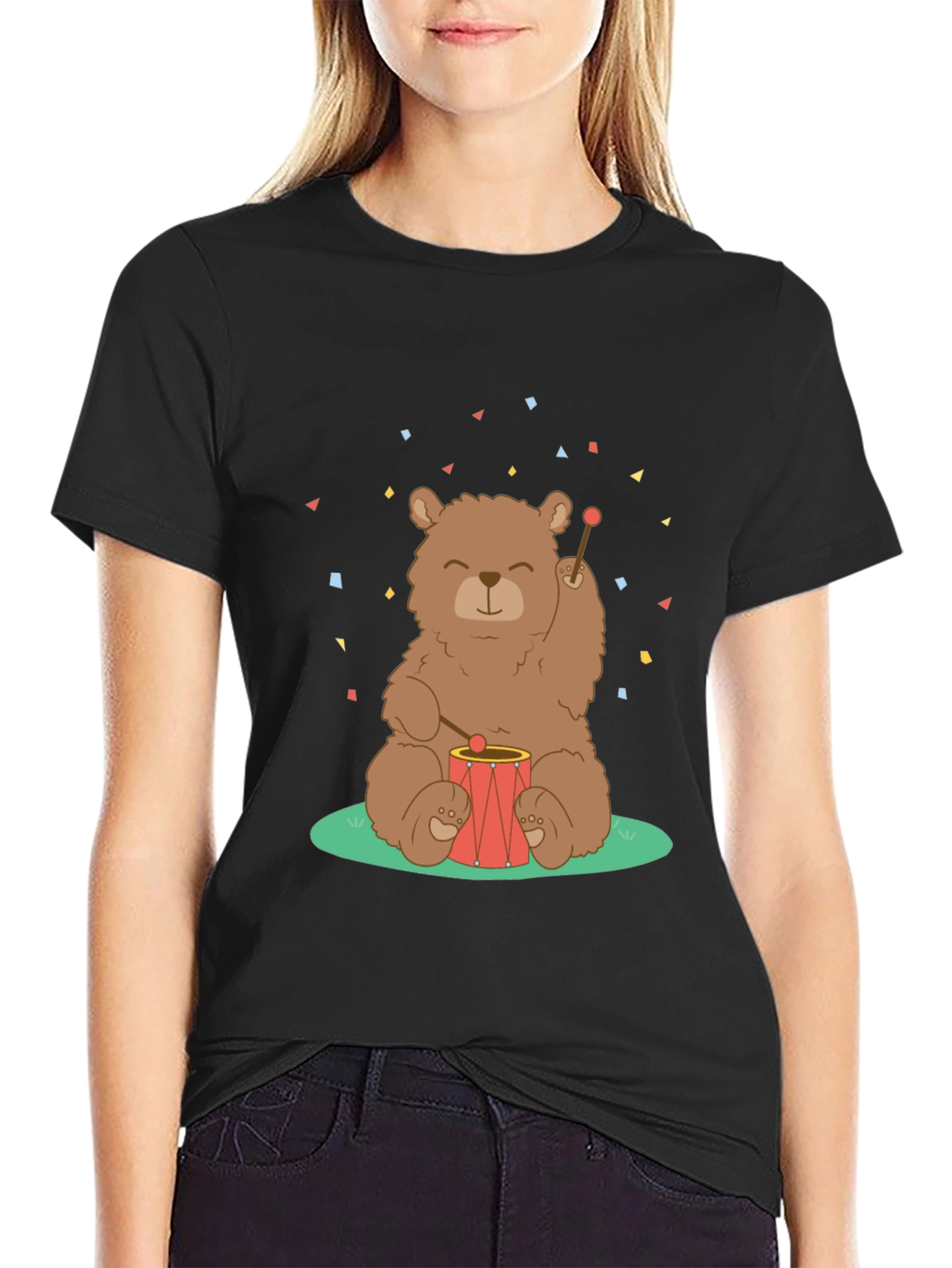 Bear Drummer Graphic T-Shirt - Black Cotton Tee