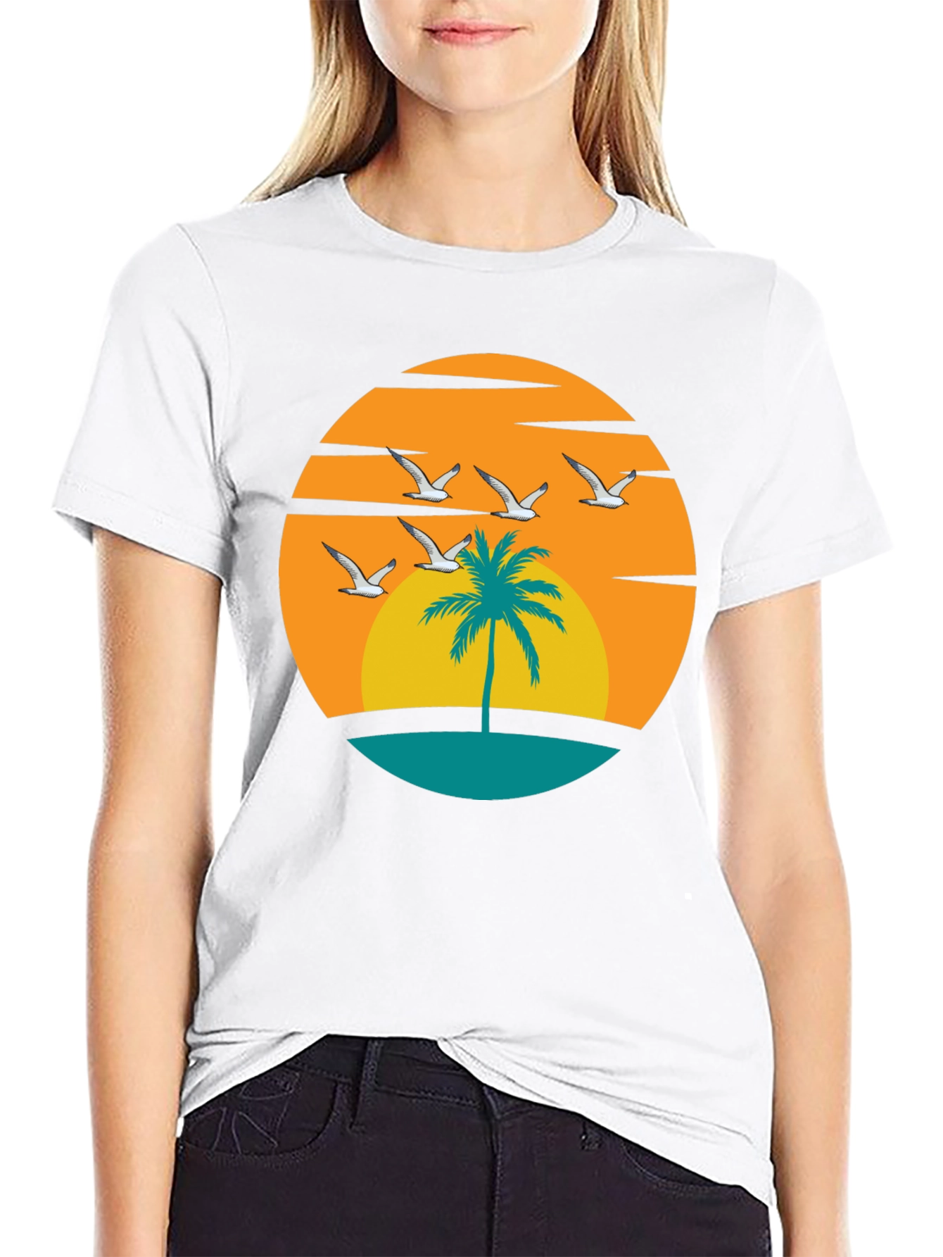 Sunset Palm Tree Graphic Tee - Black