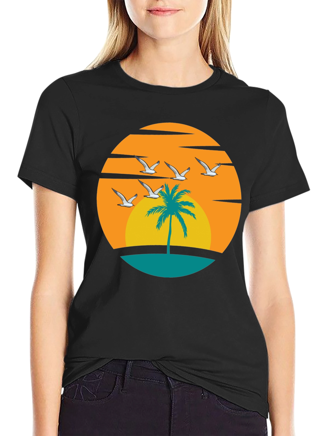 Sunset Palm Tree Graphic Tee - Black