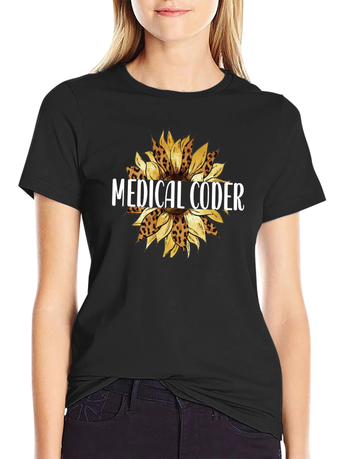 Medical Coder Leopard Sunflower Graphic T-Shirt