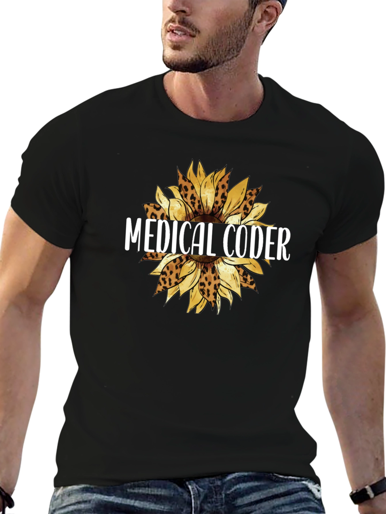 Medical Coder Leopard Sunflower Graphic T-Shirt