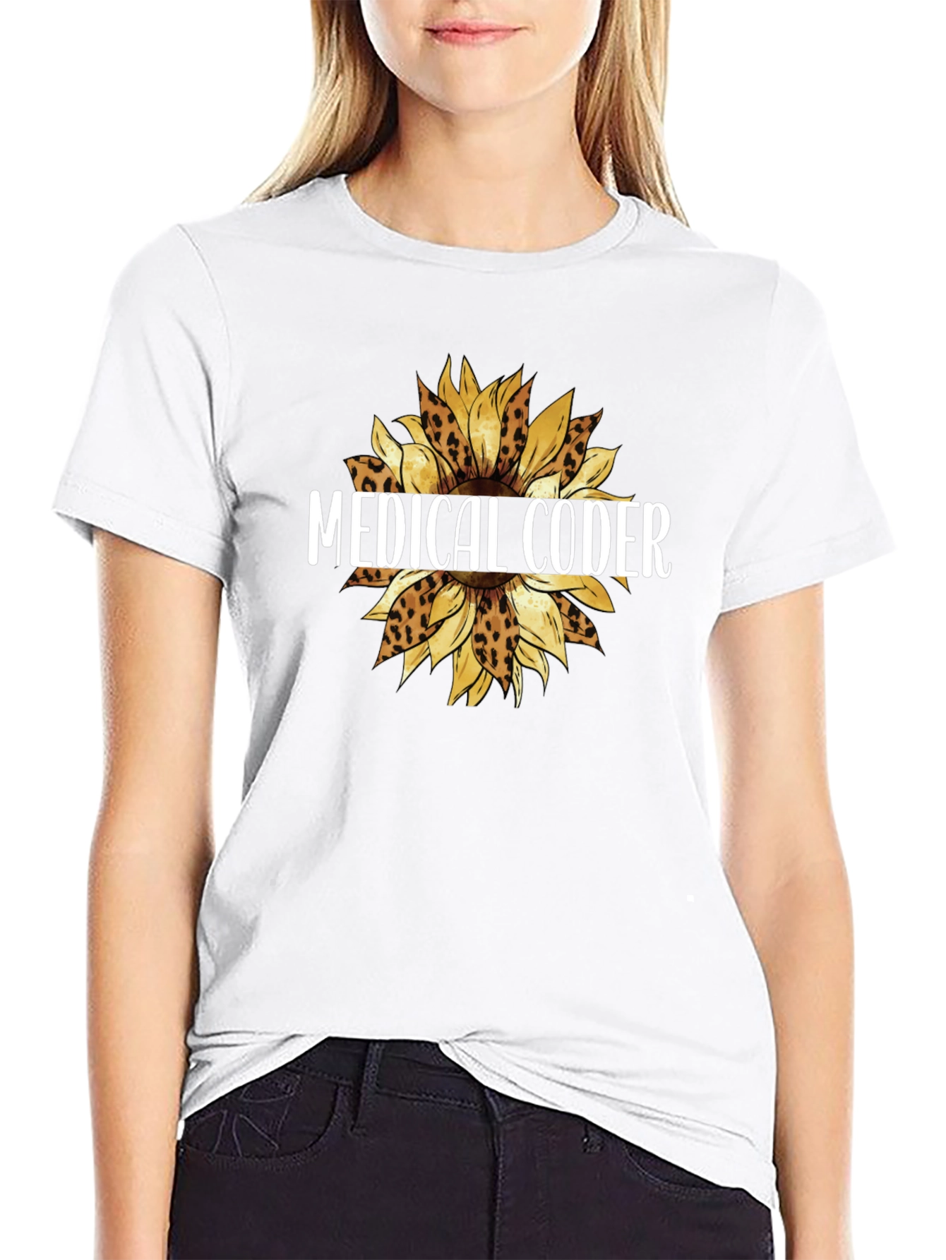 Medical Coder Leopard Sunflower Graphic T-Shirt