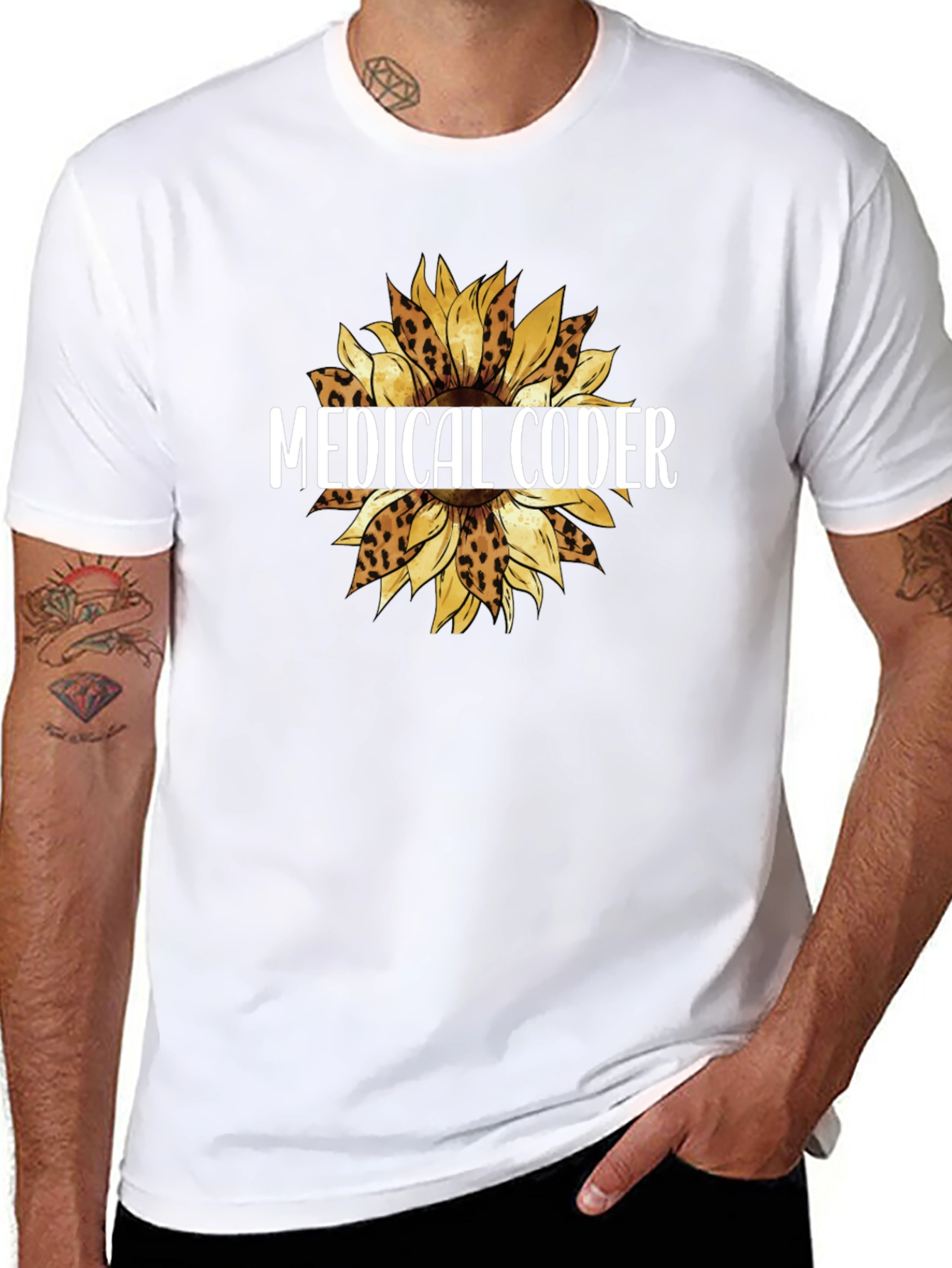 Medical Coder Leopard Sunflower Graphic T-Shirt