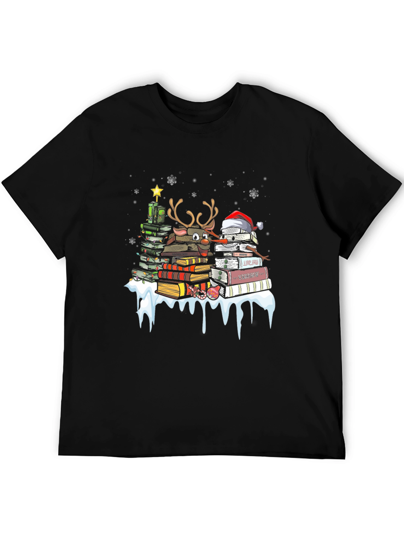 Festive Book Lover T-Shirt: Christmas Tree & Reindeer