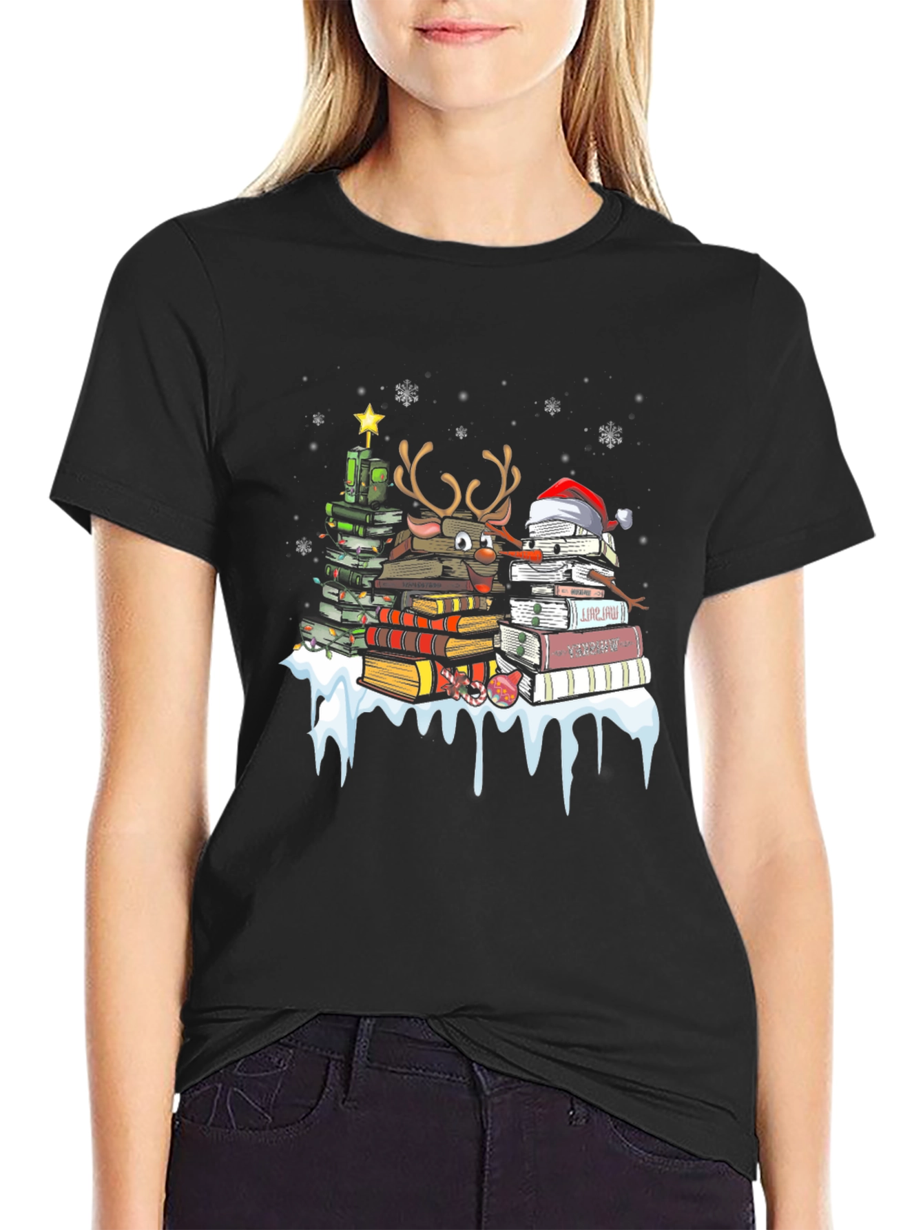 Festive Book Lover T-Shirt: Christmas Tree & Reindeer