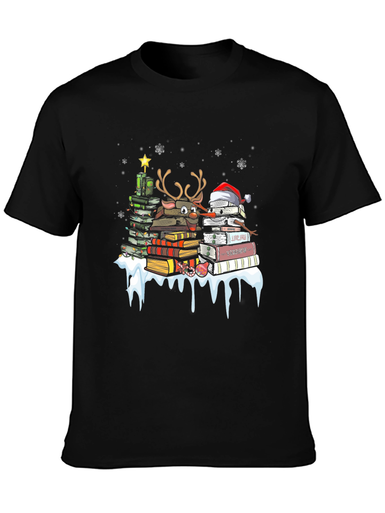 Festive Book Lover T-Shirt: Christmas Tree & Reindeer