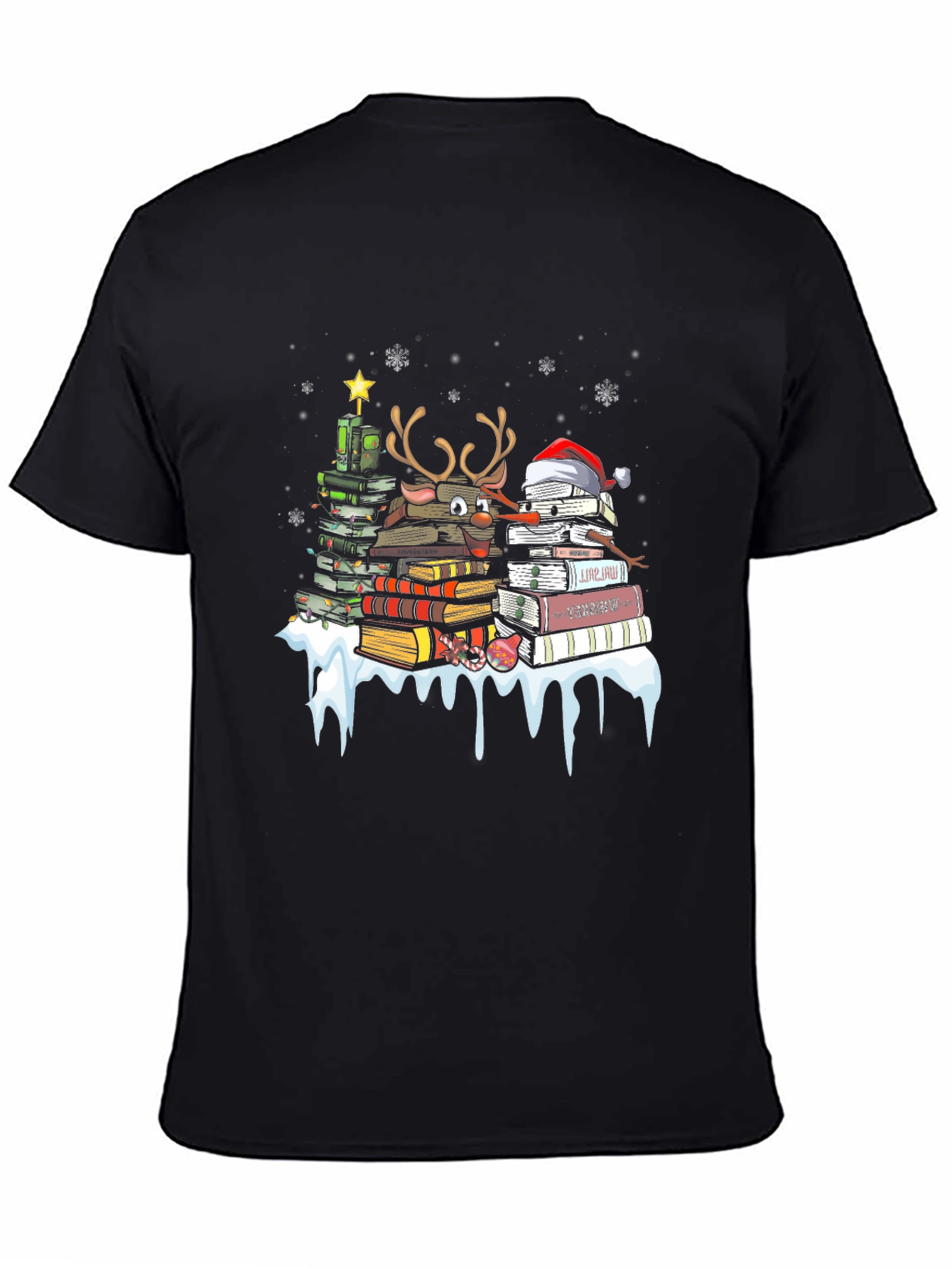 Festive Book Lover T-Shirt: Christmas Tree & Reindeer
