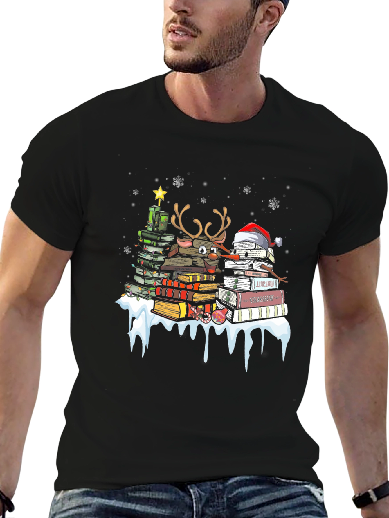 Festive Book Lover T-Shirt: Christmas Tree & Reindeer