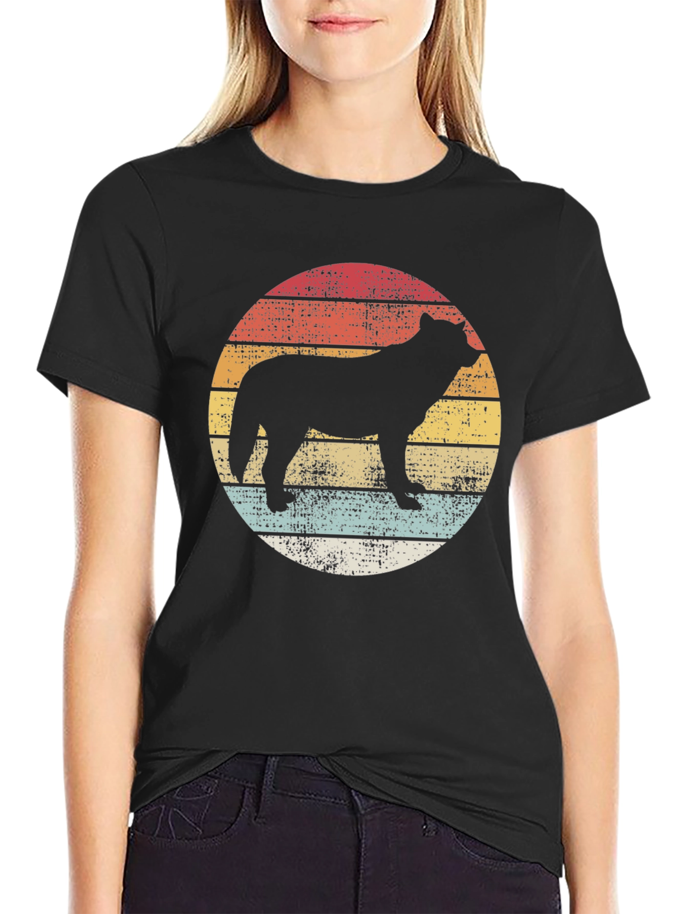 Retro Sunset Wolf Graphic Tee - Unisex Black T-Shirt