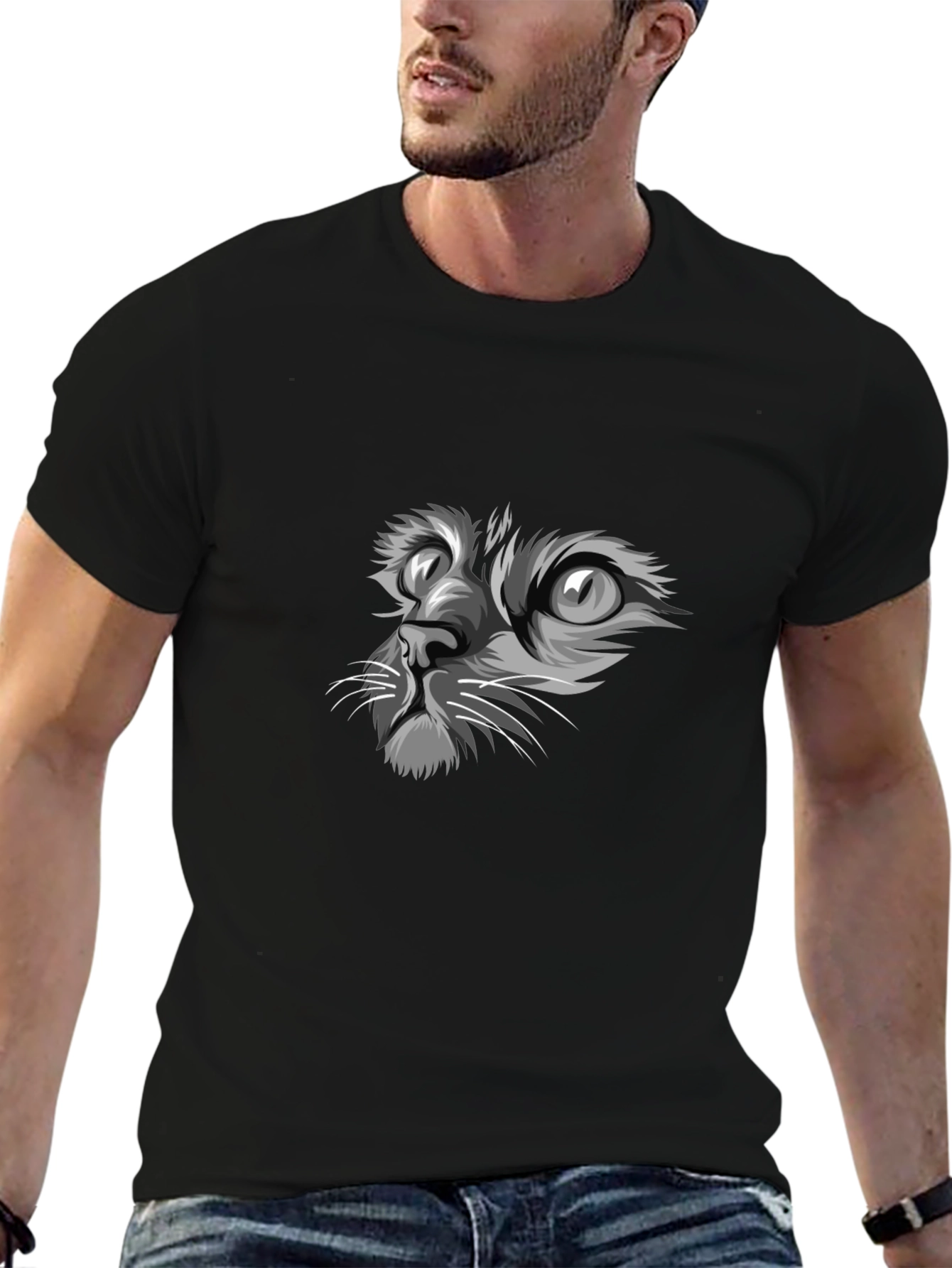 Cat Face Graphic Print Black T-Shirt