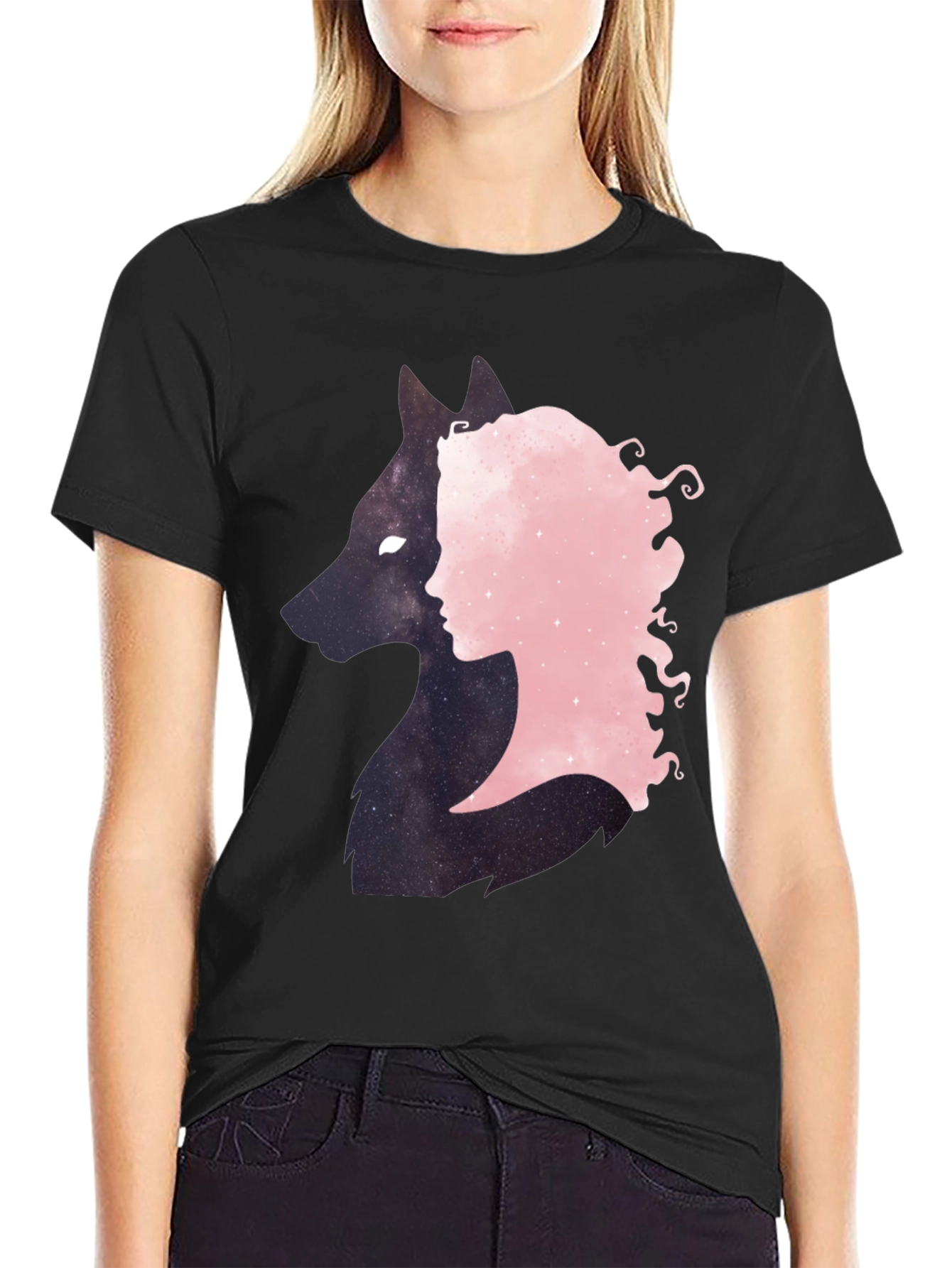 Wolf & Woman Silhouette Black Tee
