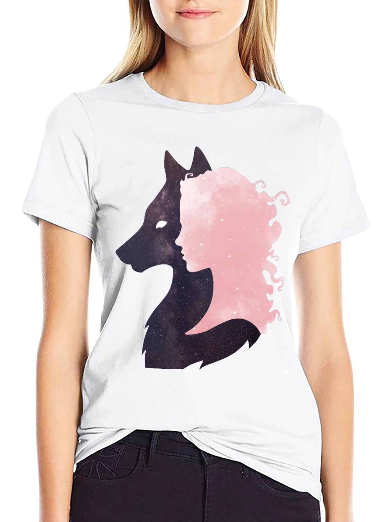 Wolf & Woman Silhouette Black Tee