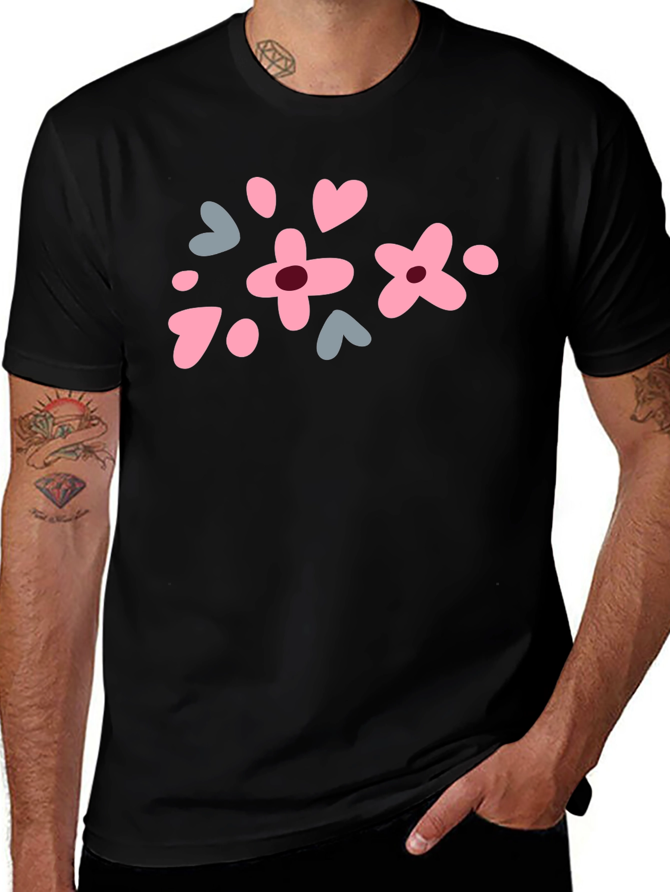 Floral Heart Print Black T-Shirt