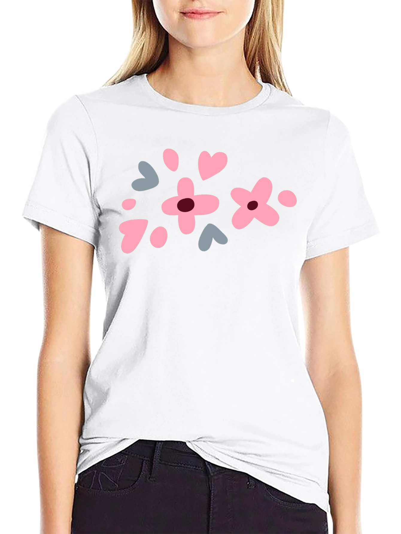 Floral Heart Print Black T-Shirt