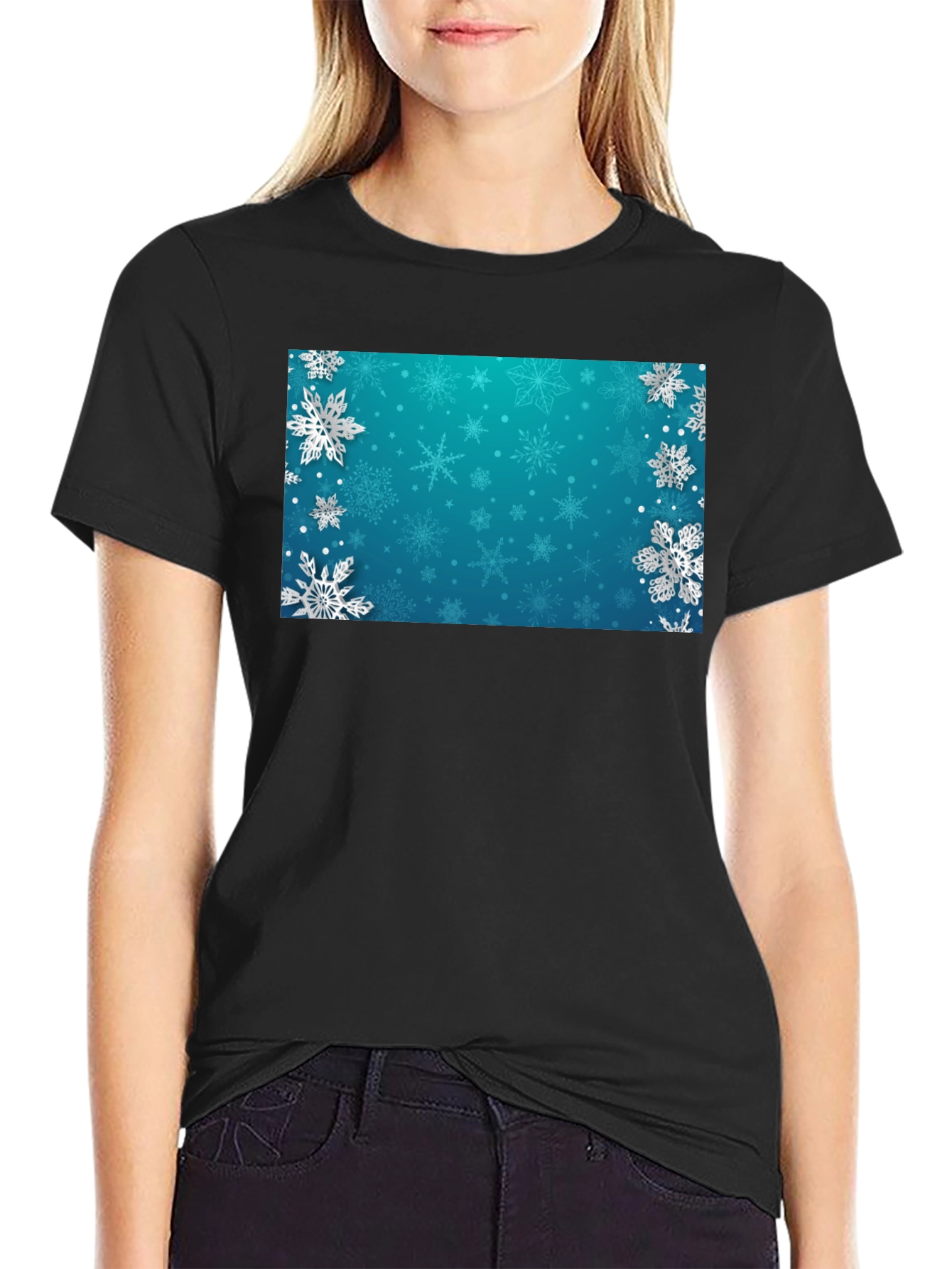 Winter Snowflake Graphic Tee - Black Cotton Blend