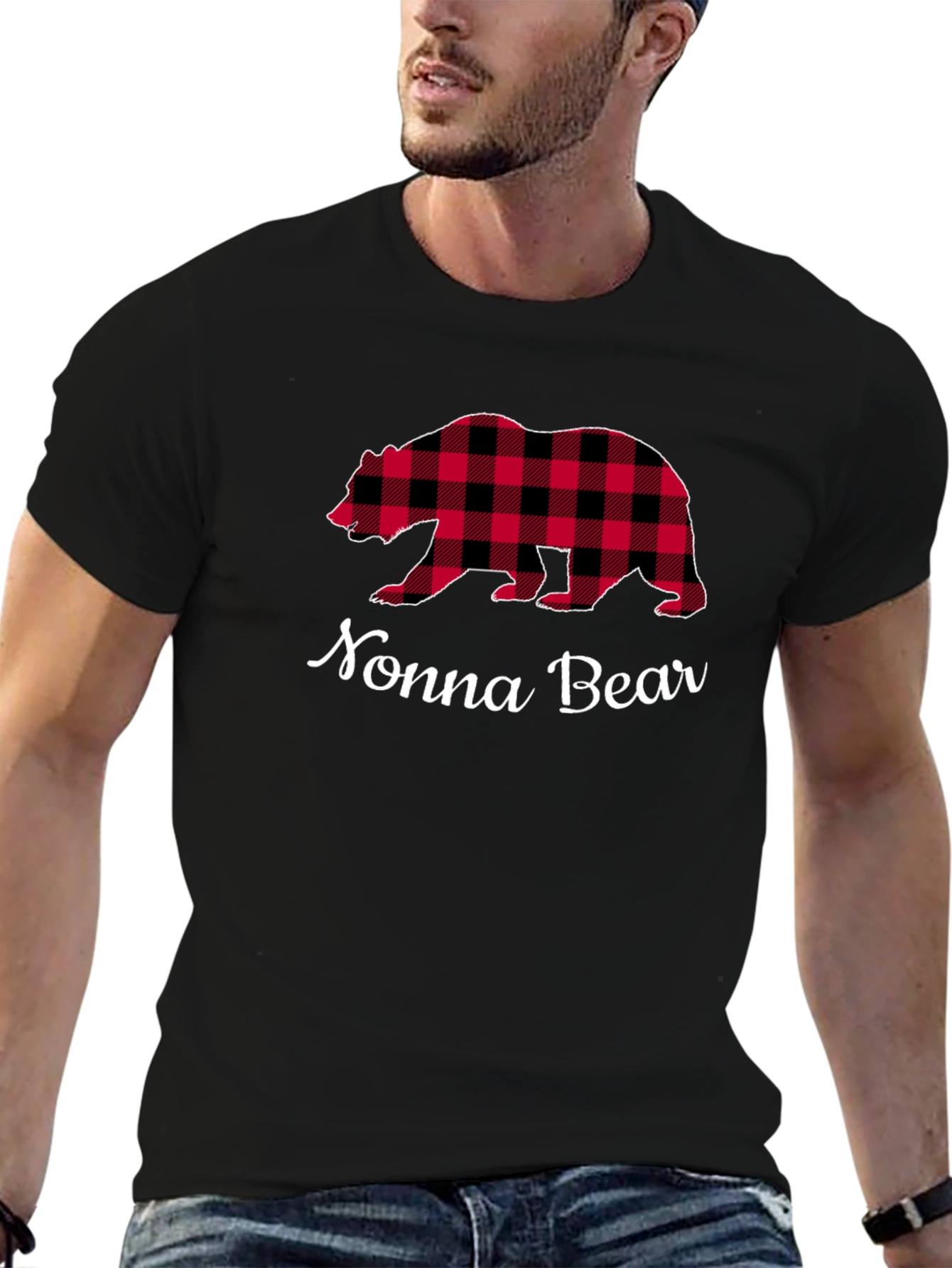 Nonna Bear Plaid Graphic Tee - Black Cotton Shirt