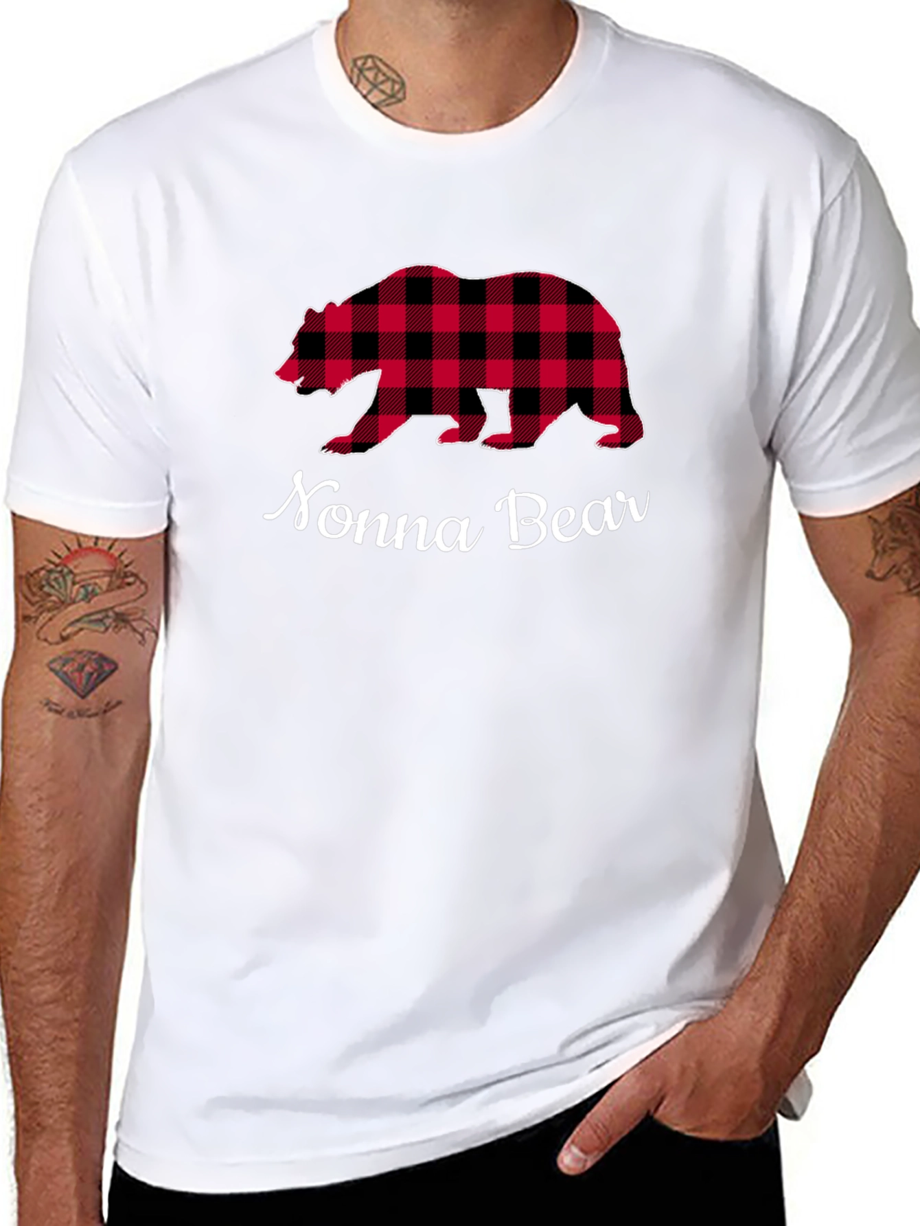 Nonna Bear Plaid Graphic Tee - Black Cotton Shirt