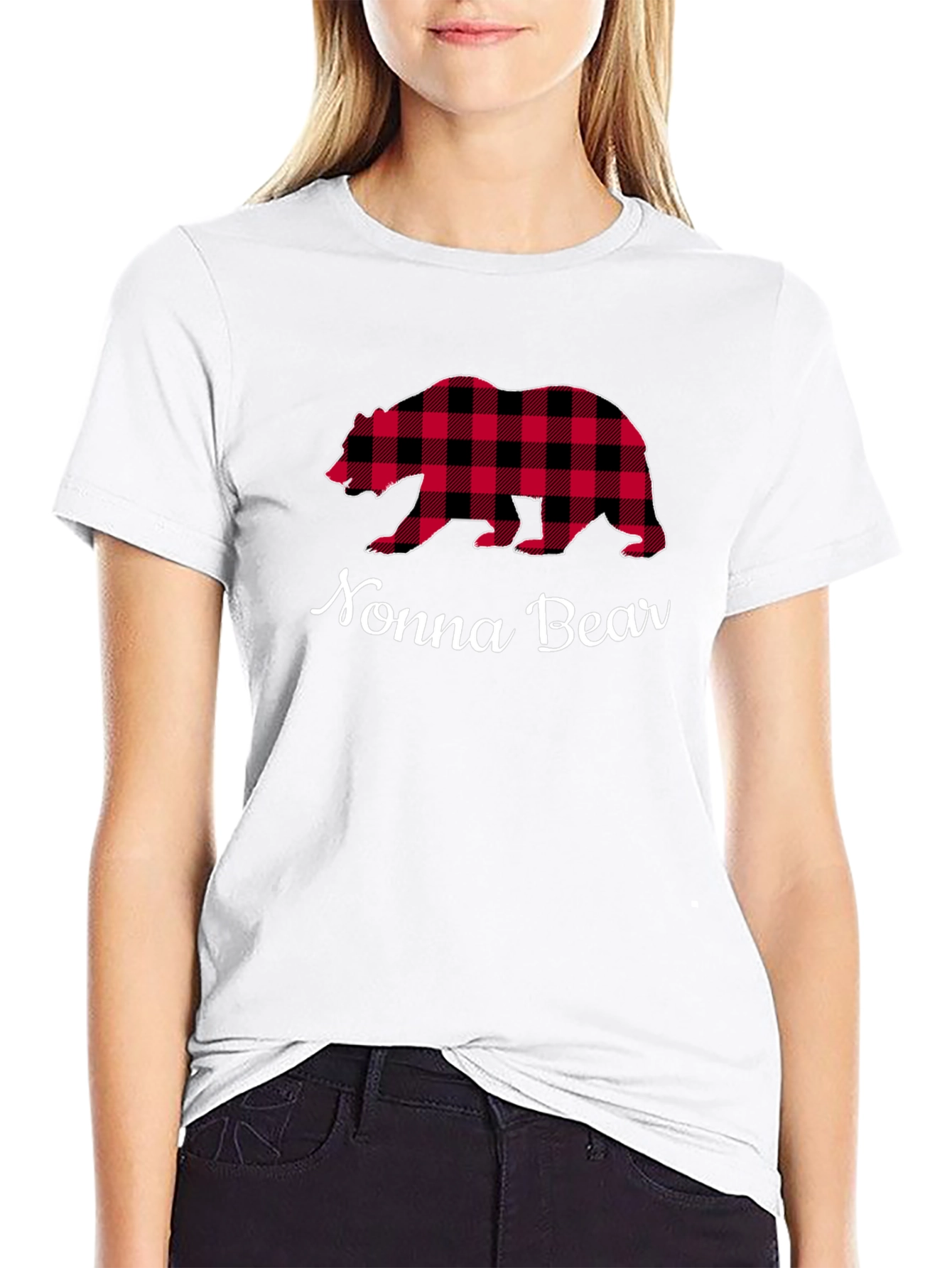 Nonna Bear Plaid Graphic Tee - Black Cotton Shirt