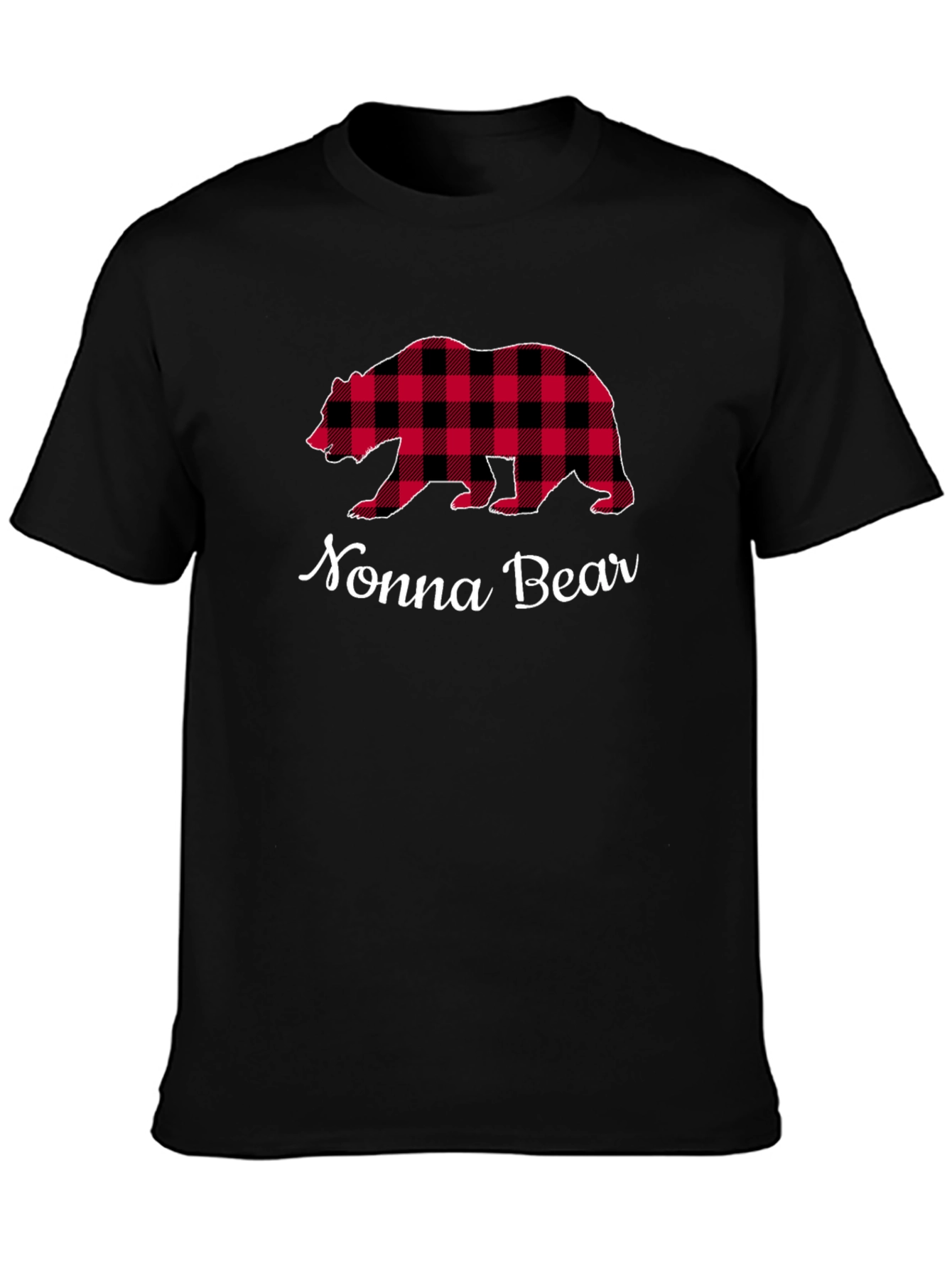 Nonna Bear Plaid Graphic Tee - Black Cotton Shirt