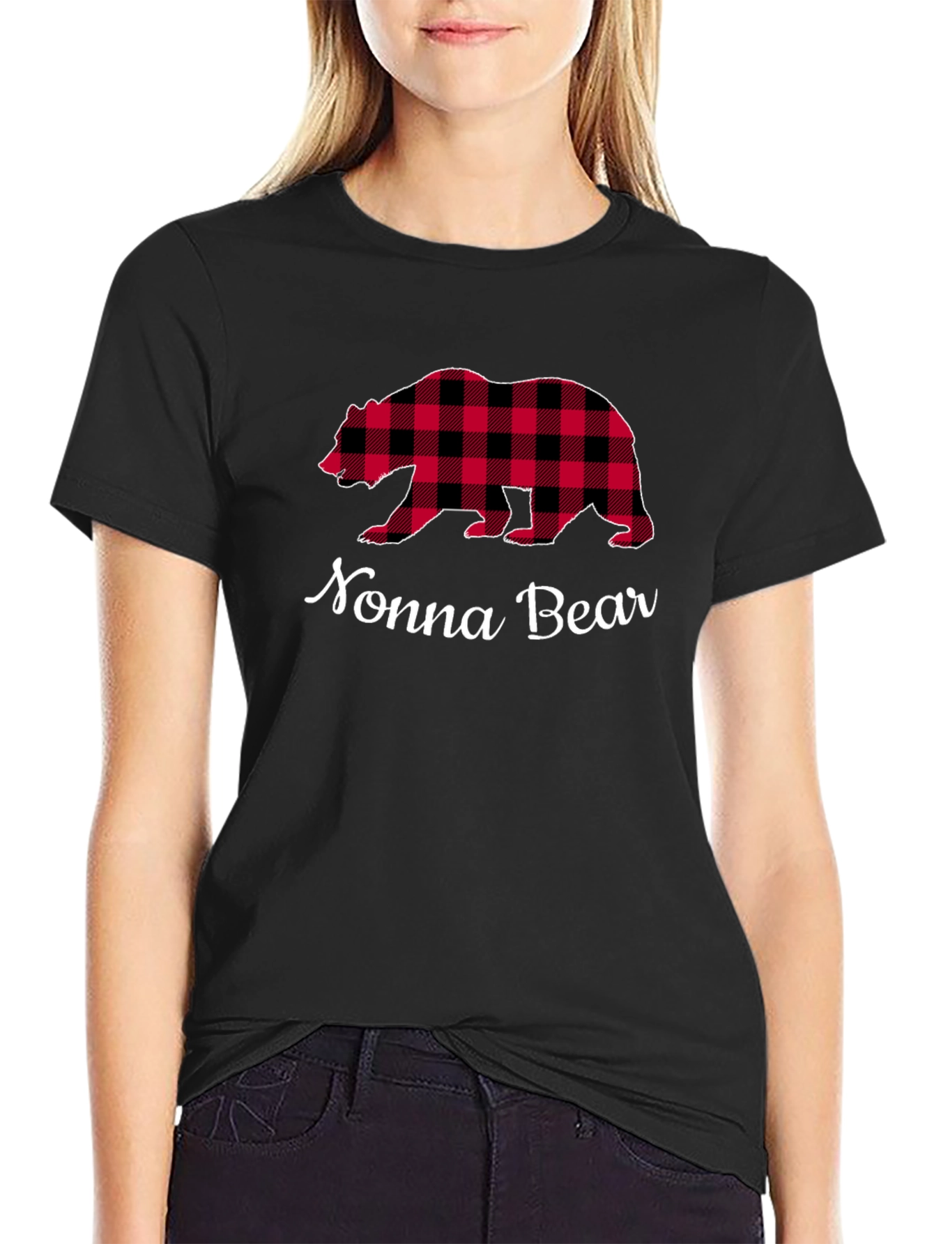Nonna Bear Plaid Graphic Tee - Black Cotton Shirt