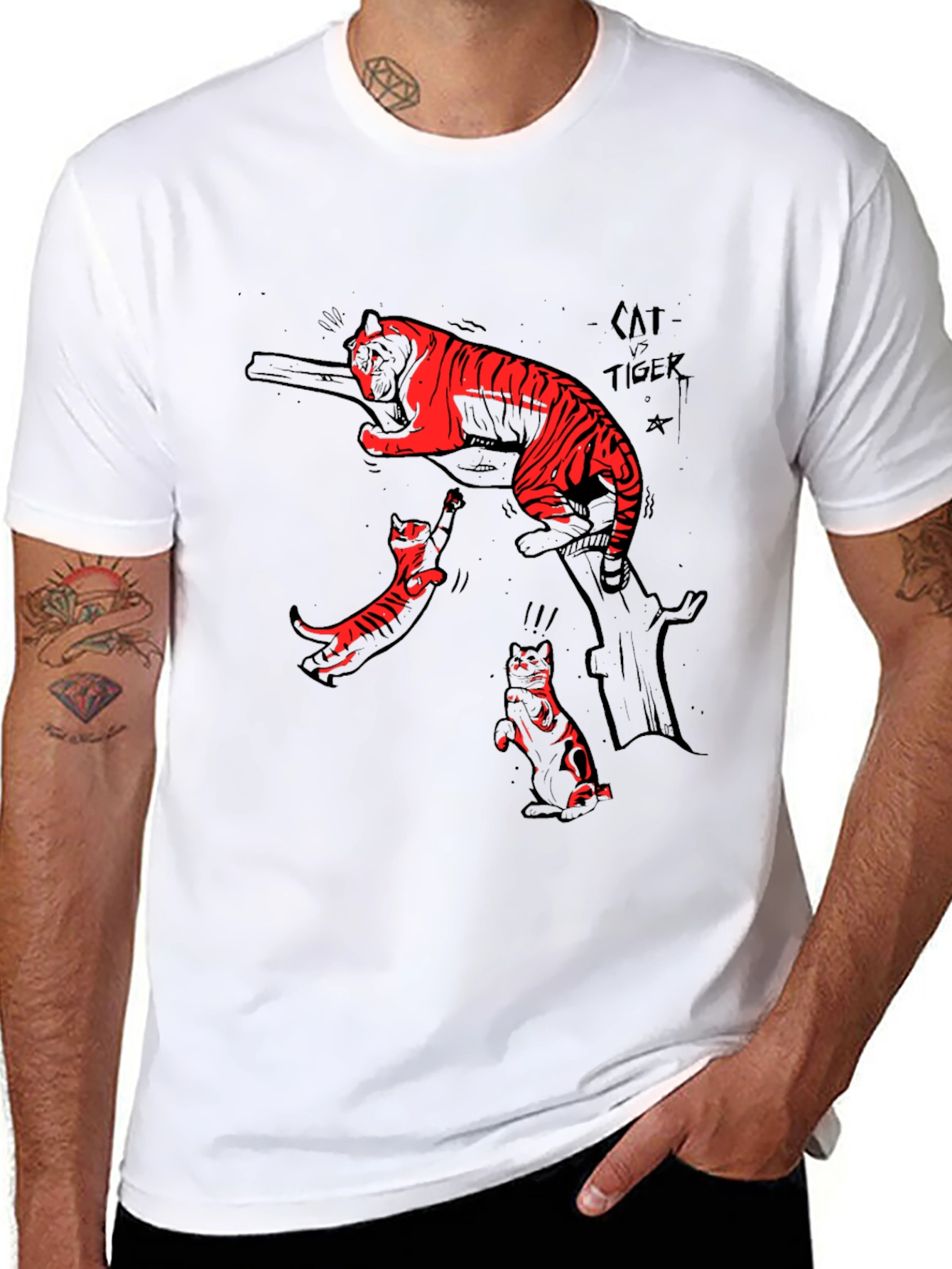 Black T-Shirt with Cat vs Tiger Graphic