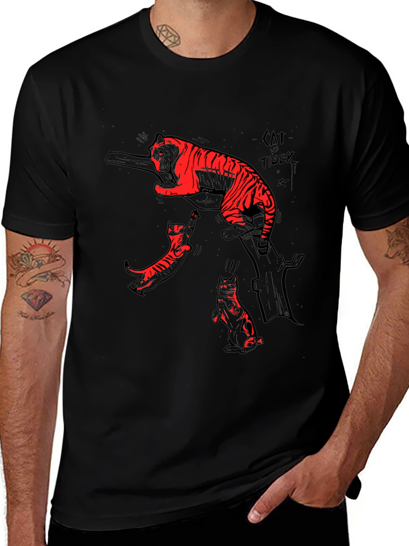 Black T-Shirt with Cat vs Tiger Graphic