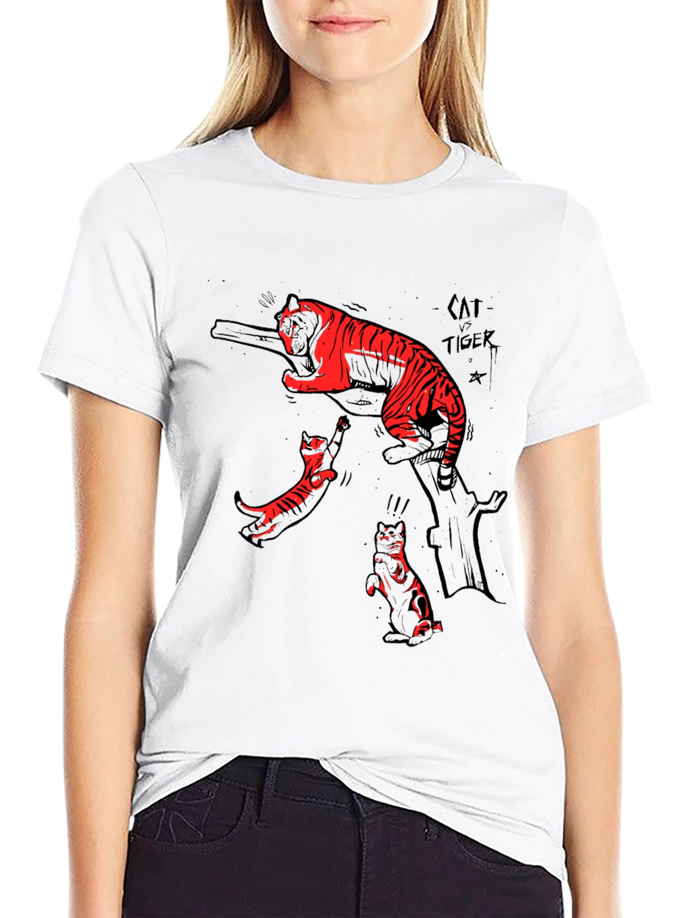 Black T-Shirt with Cat vs Tiger Graphic