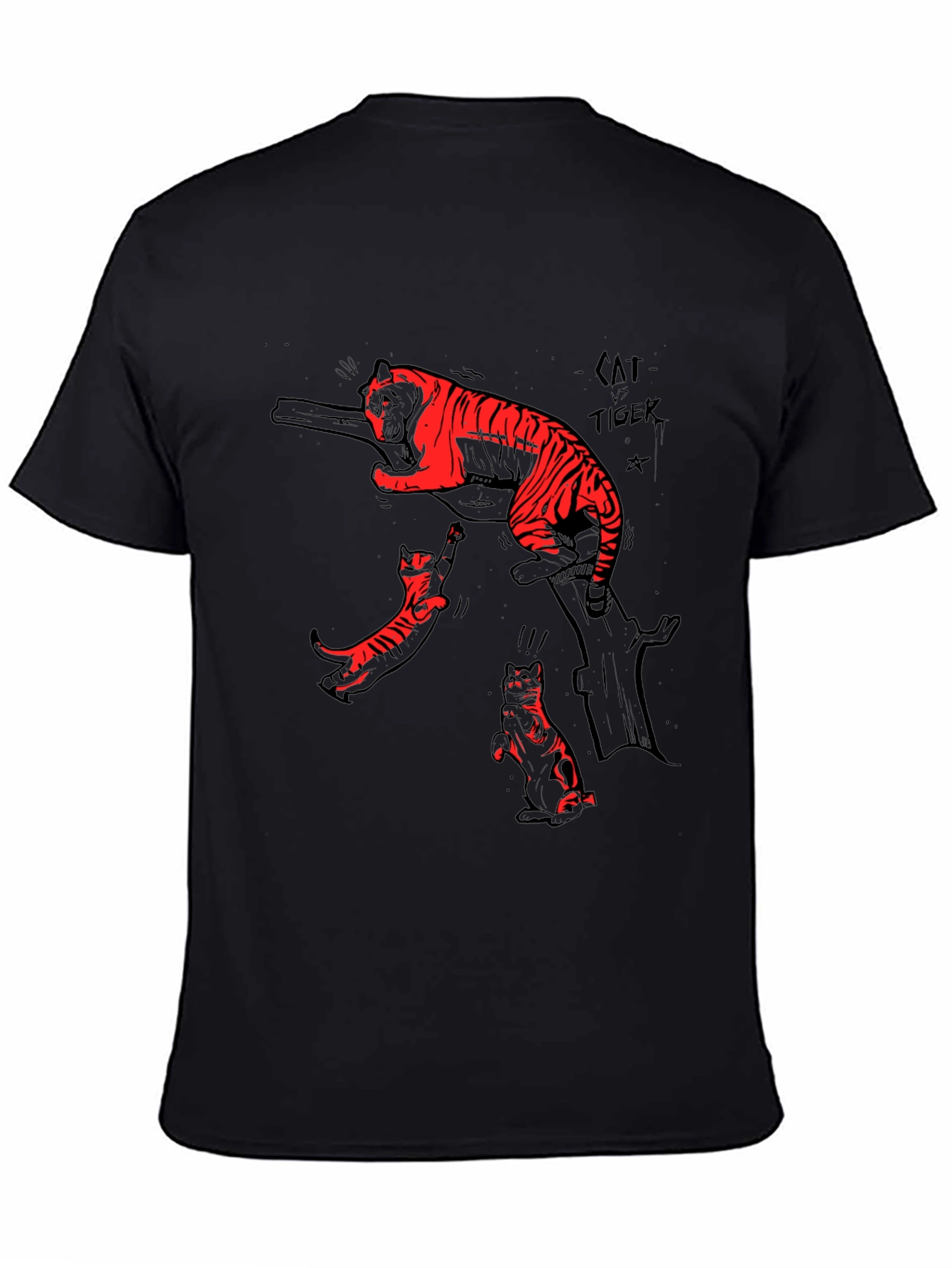Black T-Shirt with Cat vs Tiger Graphic