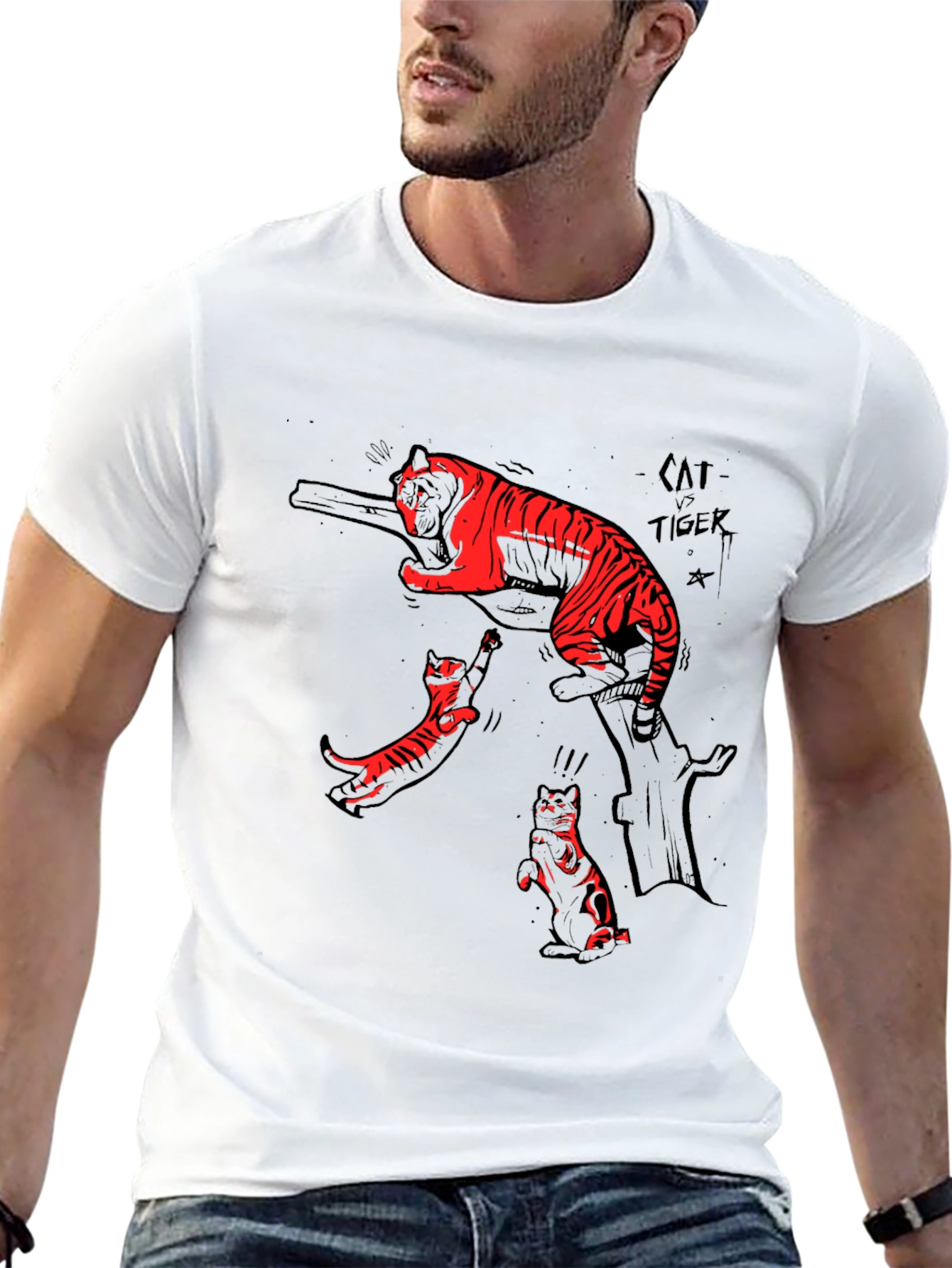 Black T-Shirt with Cat vs Tiger Graphic