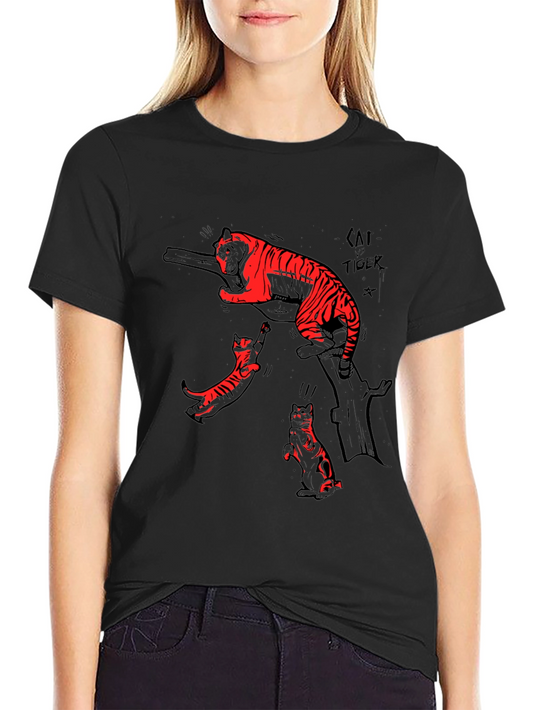 Black T-Shirt with Cat vs Tiger Graphic