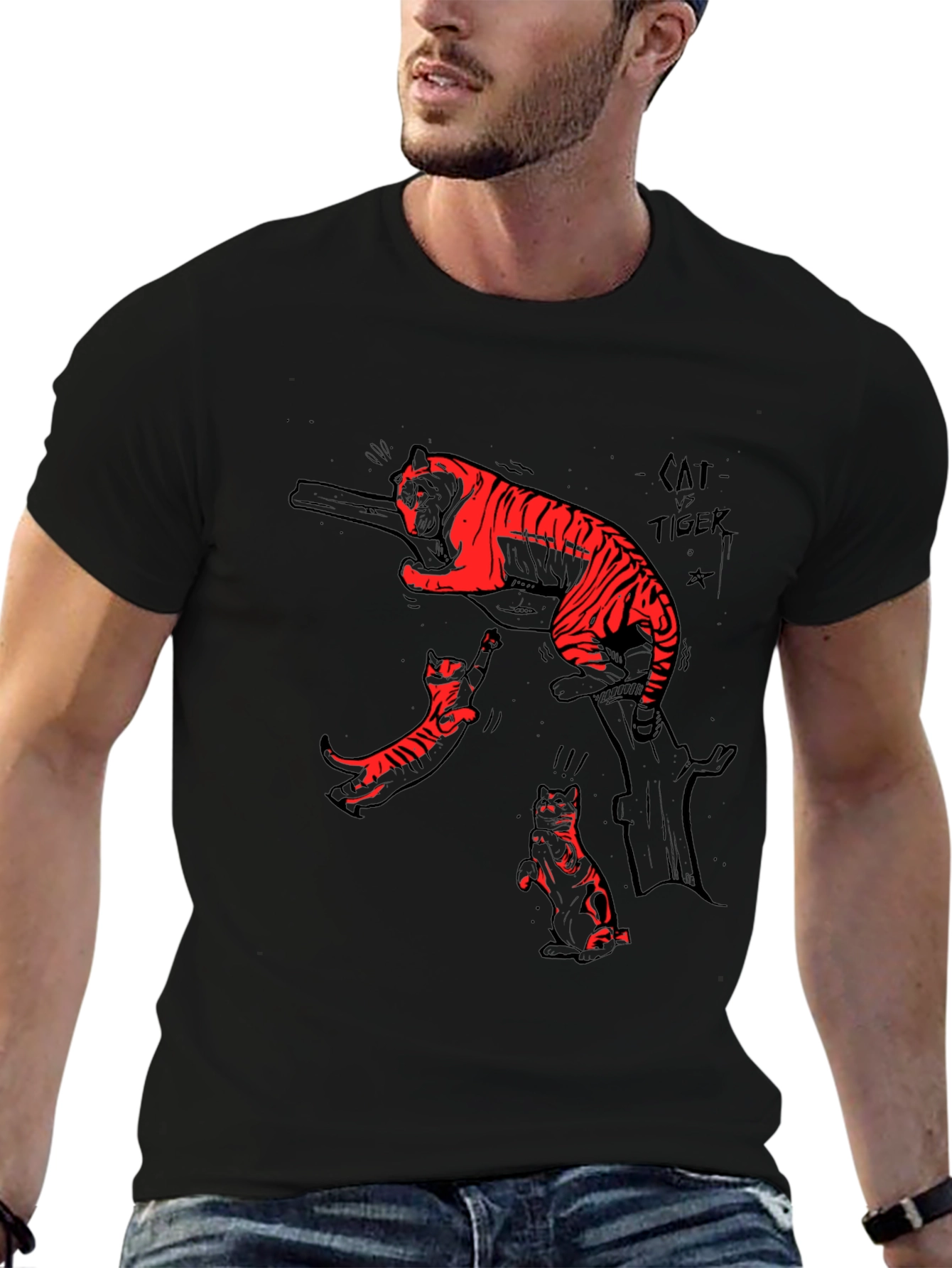 Black T-Shirt with Cat vs Tiger Graphic