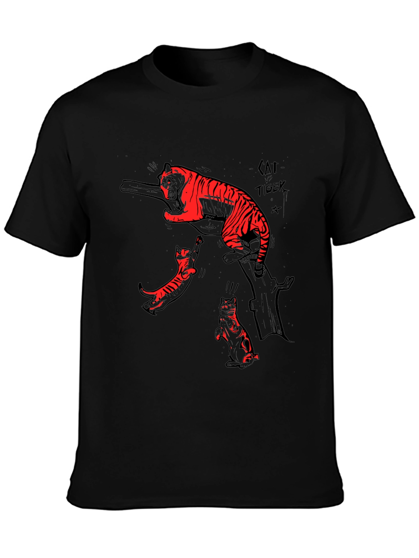 Black T-Shirt with Cat vs Tiger Graphic