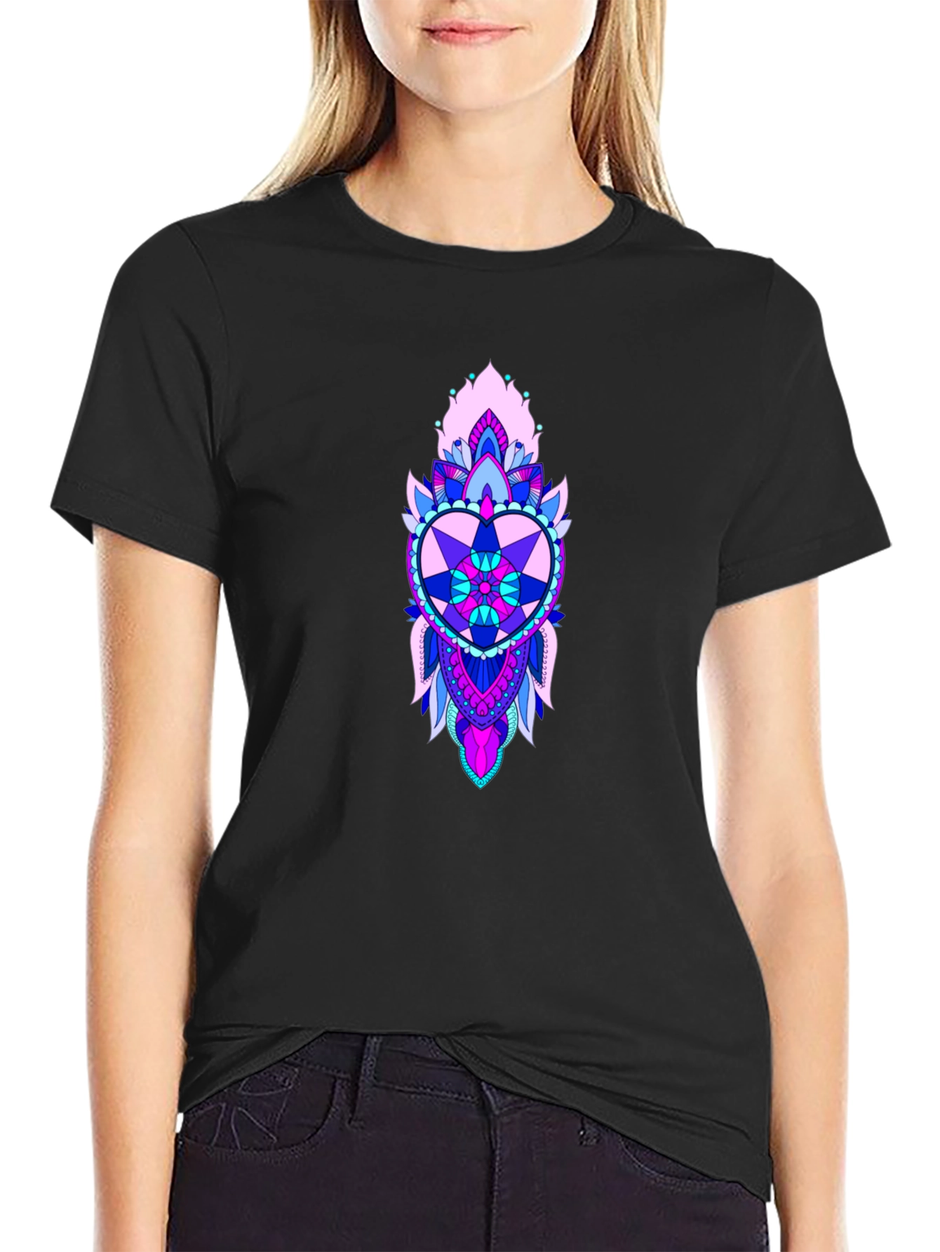 Heart Mandala Graphic Print Black Tee